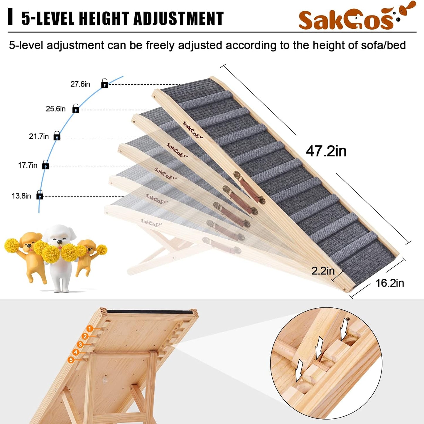 Sakgos Dog Ramp for Bed Wooden Dog Ramps for High Beds Adjustable Dog Ramp for Car Portable Pet Ramps for Large Dogs Get on Bed and Couch Folding Dog Bed Ramp, Non-Slip Carpet Surface 5 Levels,250lbs