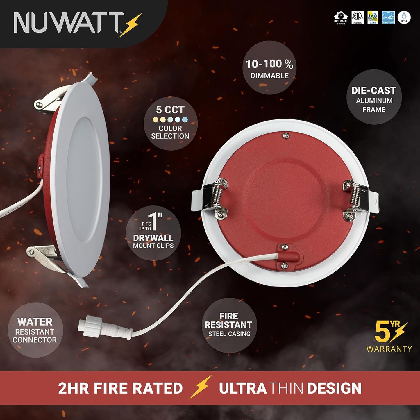 NUWATT 12 Pack, 4 Inch 2 Hour FIRE Rated Ultra-Thin LED Recessed Light, 2700K/3000K/3500K/4000K/5000K Selectable, 900 Lumens, Dimmable, IC Rated, Wet