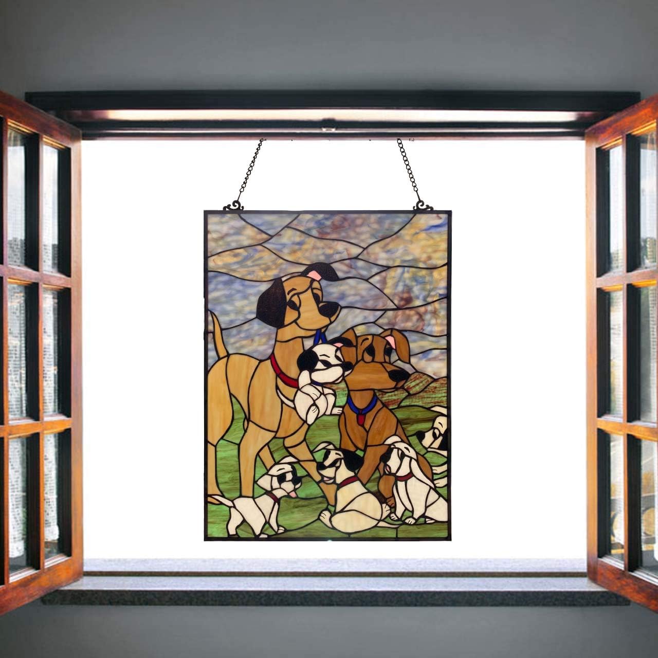 Bieye W10068 Dogs Puppies Tiffany Style Stained Glass Window Panel Hangings with Chain, 18' L x 24' H