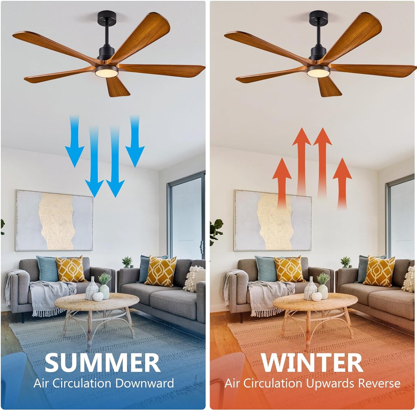 ABZ Ceiling Fans with Lights Remote Control - 52 inch Outdoor Indoor 5 Walnut Wood Blades Modern Ceiling Fan DC Reversible Motor for Patio Bedroom