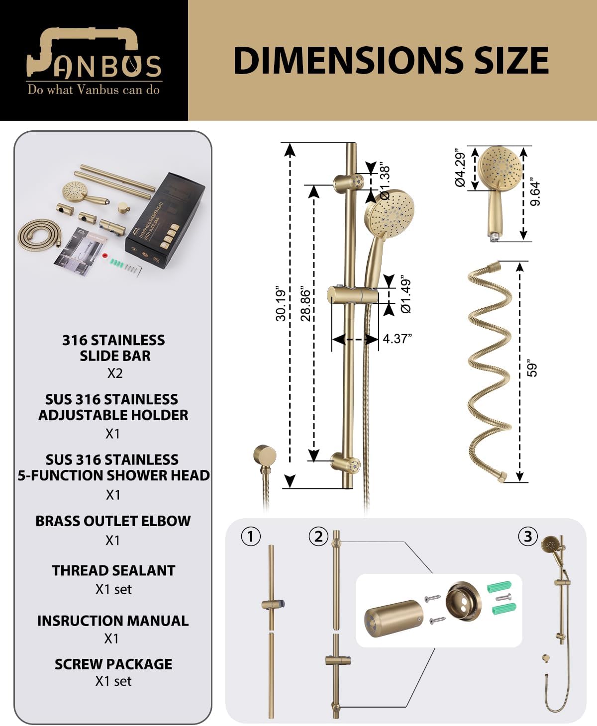 All Metal Shower Slide Bar System, 5-Function Handheld Shower Head with Slide bar, 304 Stainless Steel Hose with Brass