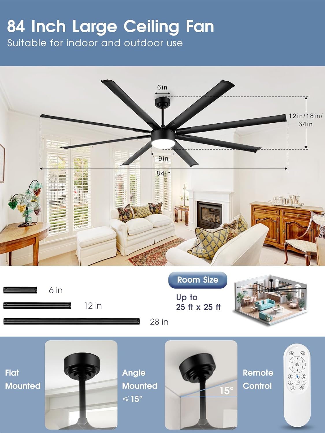 84 Inch Industrial Ceiling Fan, Large Black Ceiling Fan with Lights and Remote, Big Ceiling Fan with 3 Downrods 8 Reversible