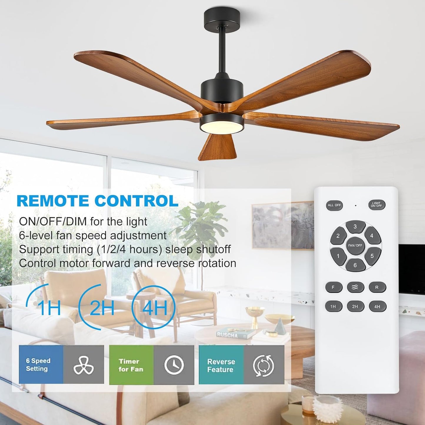 BOOSANT 52' Modern Ceiling Fan with Lights and Remote Control, 5 Solid Wood Blades 6-Speed Noiseless Reversible DC Motor, Ceiling Fan for Bedroom, Living Room-Yellow Walnut