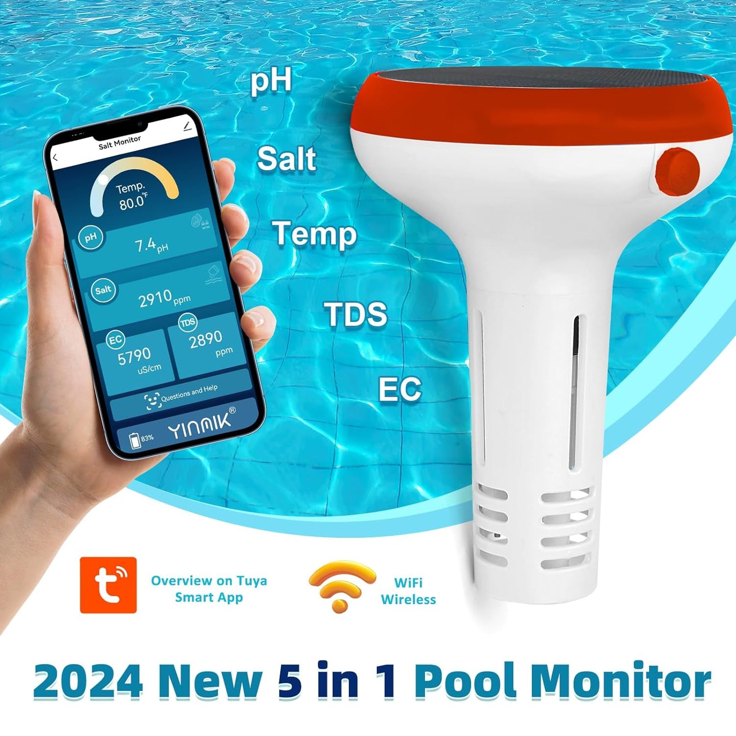 Salt Water Pool Monitor, WiFi pH and Salinity Tester for Swimming Pool, Smart Salt Pool Water Monitor 5 in 1