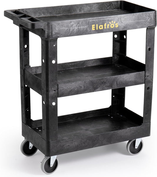 ELAFROS 3 Shelf Heavy Duty Plastic Utility Cart 34 x 17 x 38.5 Inch - Work Cart Tub Storage W/Deep Shelves and Full Swivel Wheels Safely Holds up to 550 lbs - 3 Tier Service Cart Tool cart, Black