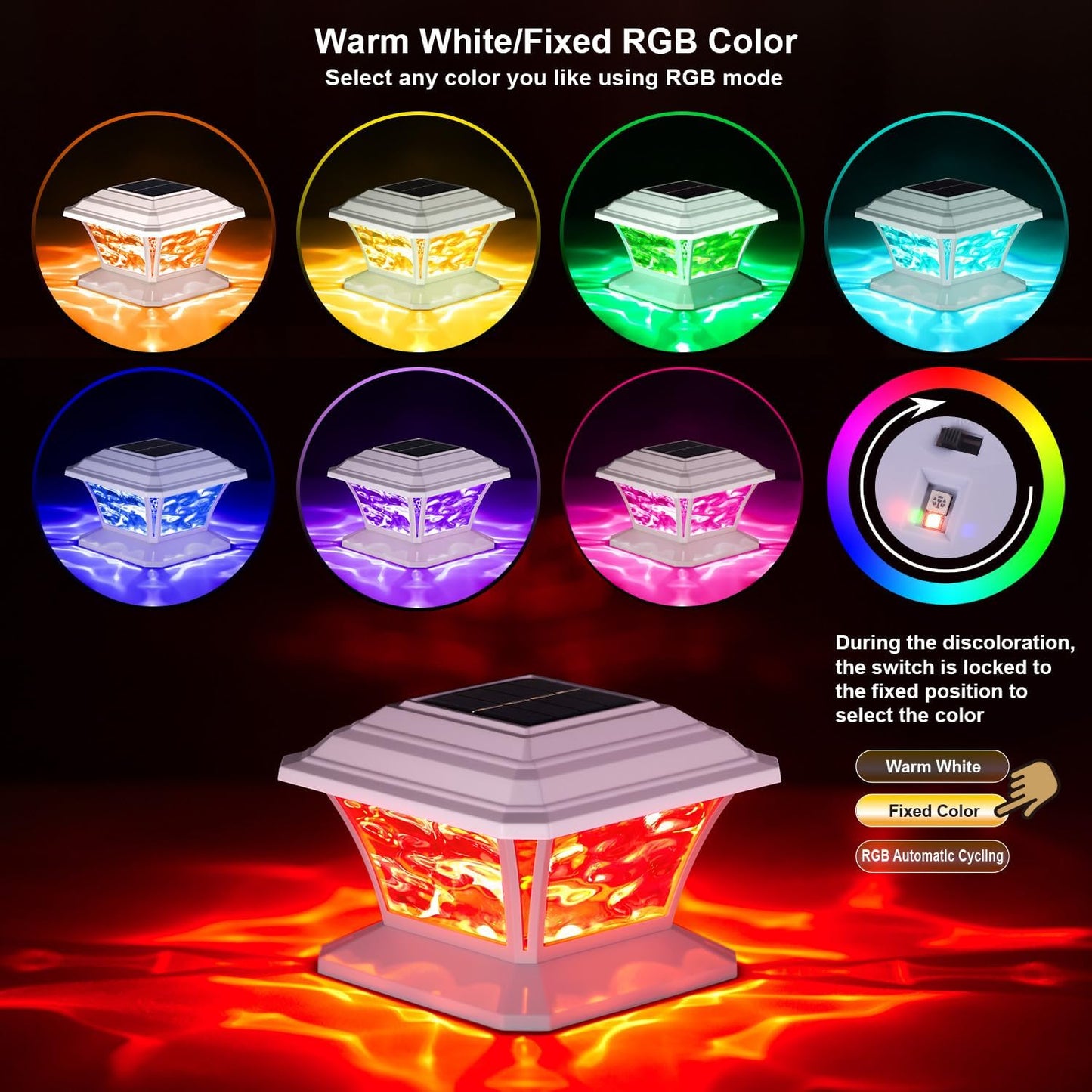 Solar Post Cap Lights, Warm White & RGB Automatic Cycling & Fixed RGB Color, 9 Colors to Choose, 20 Lumens lP65 Waterproof Fit 3x3 3.5