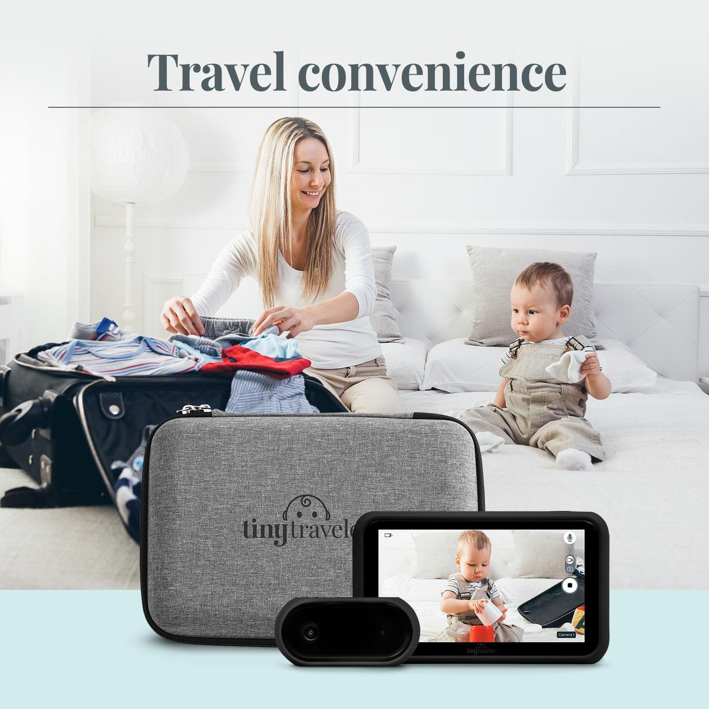 Tiny Traveler | Portable Video Baby Monitoring System with Travel Kit, View Kid in Rear Facing Seat, Night Vision HD 720p 5" Touchscreen, Battery Powered, Split-Screen, Travel Pouch Included - Black (Bl