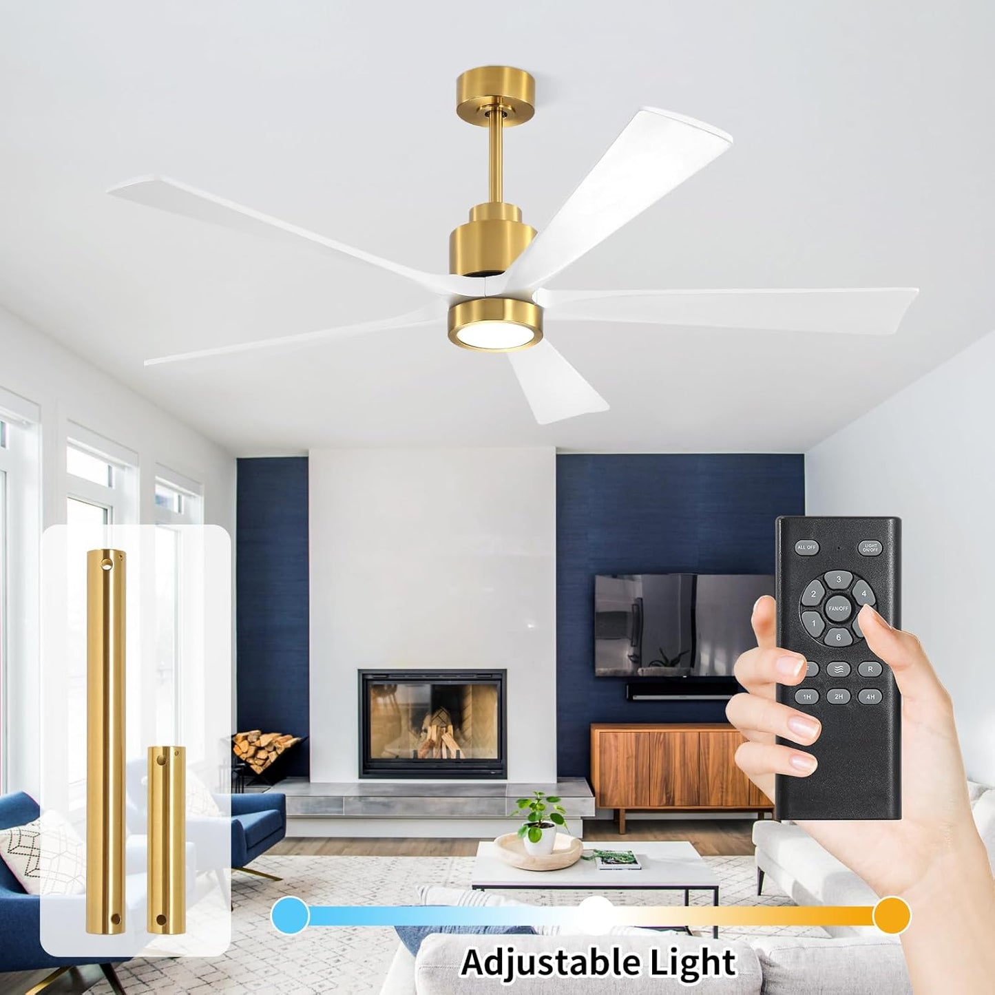 Solid Wood Ceiling Fans DC Motor with Light and Remote Control, 60 Inch Natural Wood Ceiling Fan 5 blades Waterproof, 6-Speed Reversible Indoor