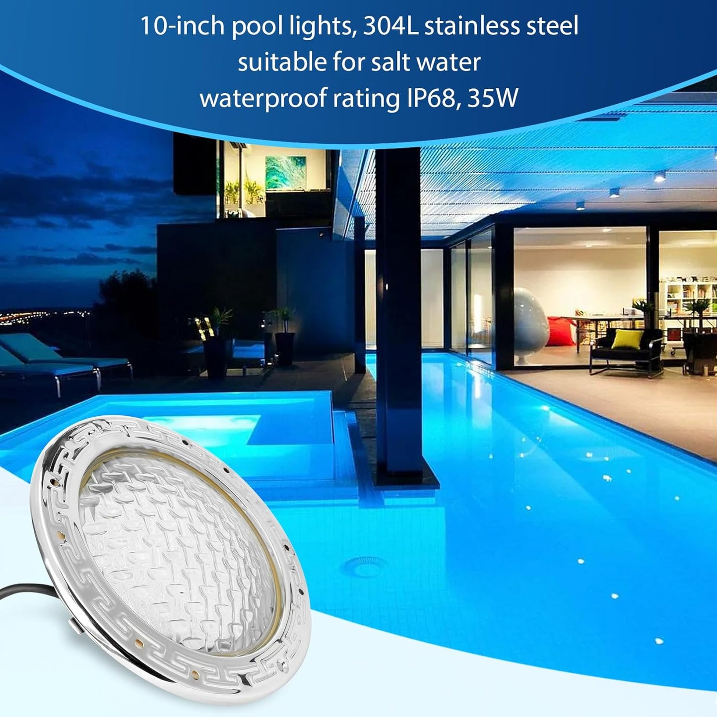LED RGBW 10 Inch 12VAC Pool Lights for Inground Pool,  100 Foot Cord, w/Remote, Salt/Freshwater Compatible