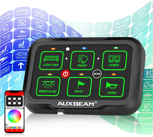 Auxbeam RGB 6 Gang Switch Panel AR-600 Automatic Dimmable Bluetooth Large Button Switch Panel w/Toggle Momentary Pulsed Switch Pod Waterproof 12-24V Sw