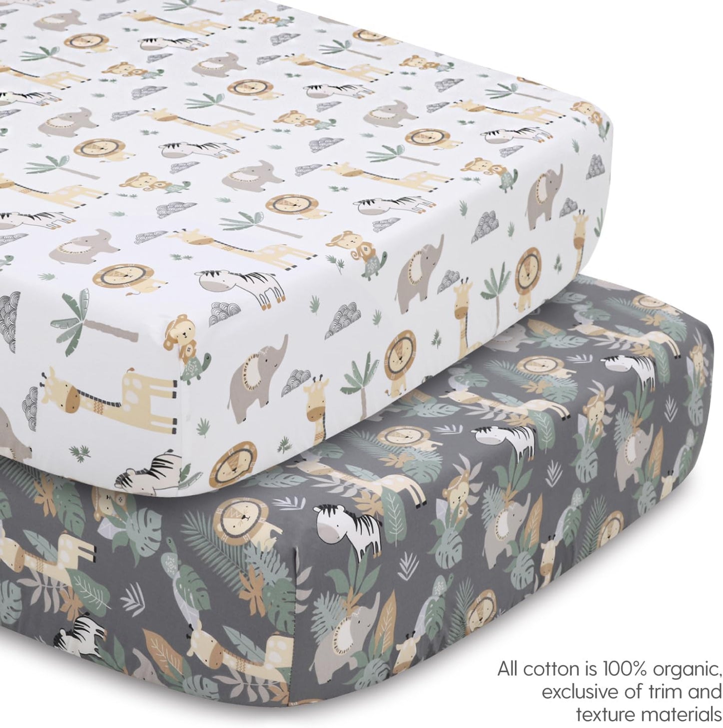 The Peanutshell Safari Crib Bedding Set for Boys or Girls, 4pc Organic Cotton Crib Comforter Set, Elephant Giraffe Monkey Zebra Nursery Decor, Neutral Grey, White, Tan, Green