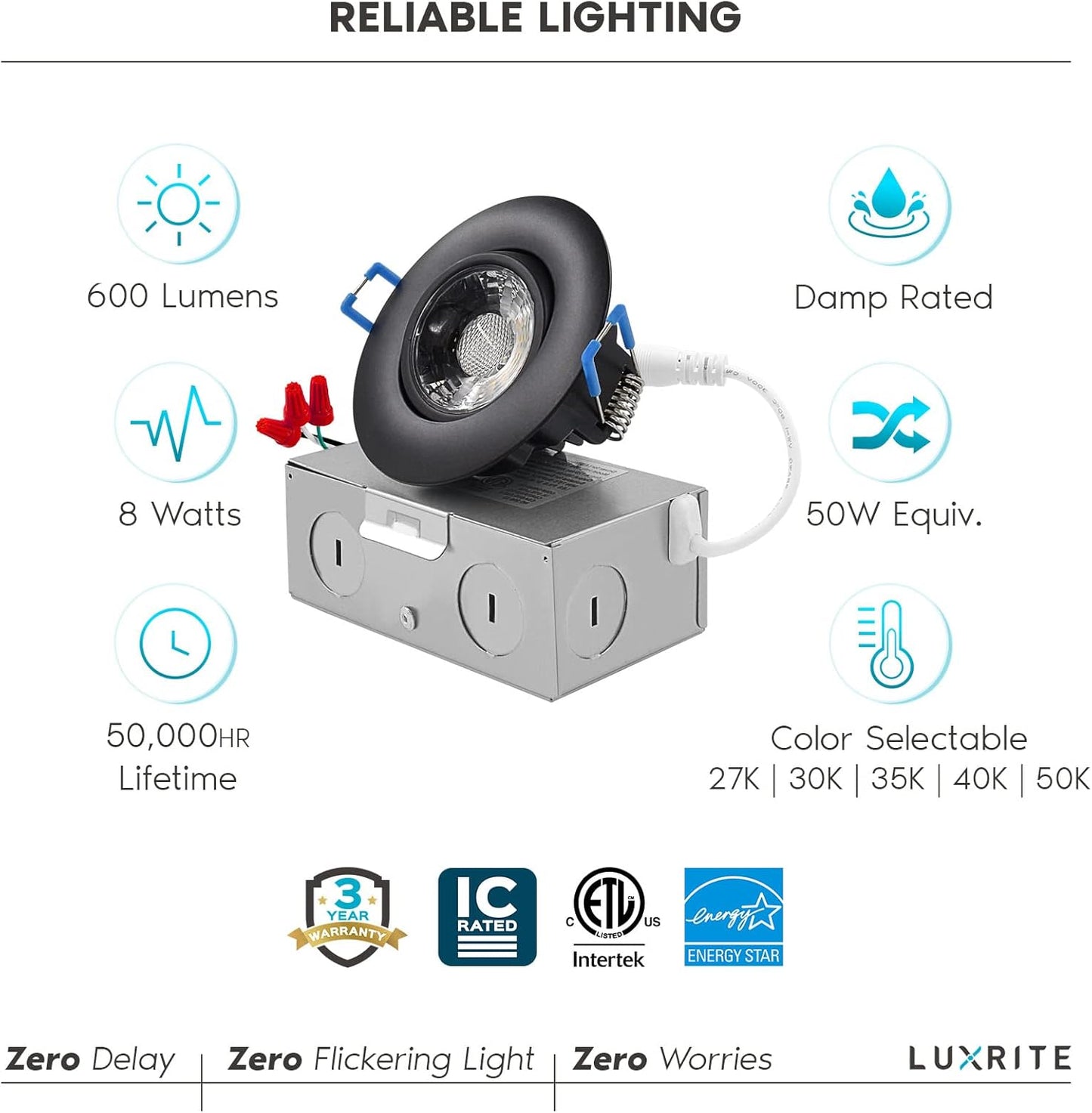 3 Inch Gimbal LED Recessed Light with Junction Box, 5CCT Color Selectable 2700K-5000K, Dimmable Adjustable Eyeball Swivel Lights, 600 Lumens, 8W, IC