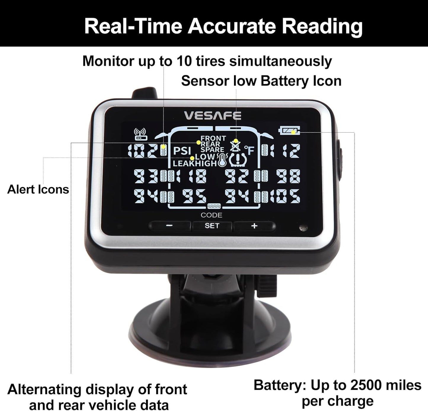 VESAFE TPMS, Wireless Tire Pressure Monitoring System for RV, Trailer, Coach, Motor Home, Fifth Wheel, Including 4 Anti-Theft sensors.