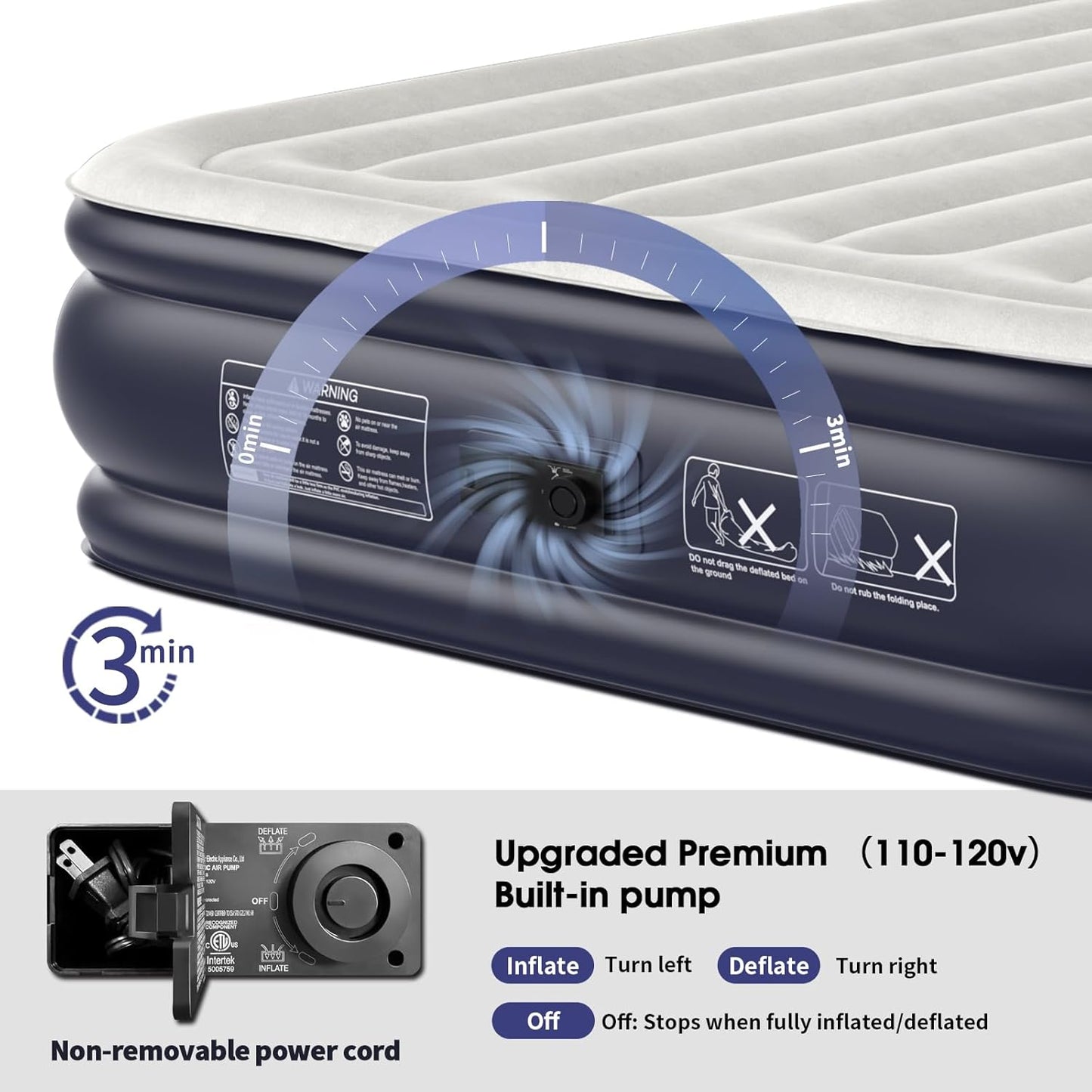 King Air Mattress with Built in Pump18' Inflatable Mattress of Vertical Beams Self Inflatable/Deflation