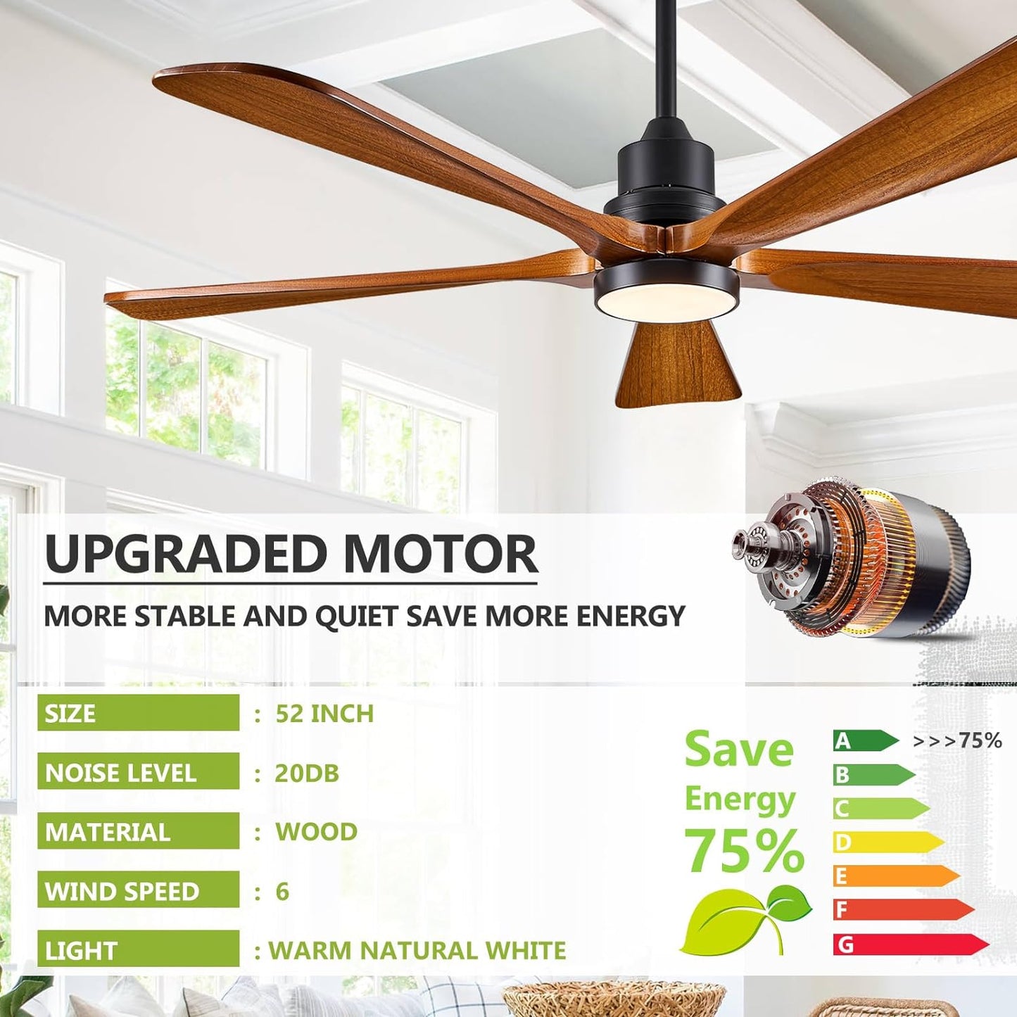 ABZ Ceiling Fans with Lights Remote Control - 52 inch Outdoor Indoor 5 Walnut Wood Blades Modern Ceiling Fan DC Reversible Motor for Patio Bedroom