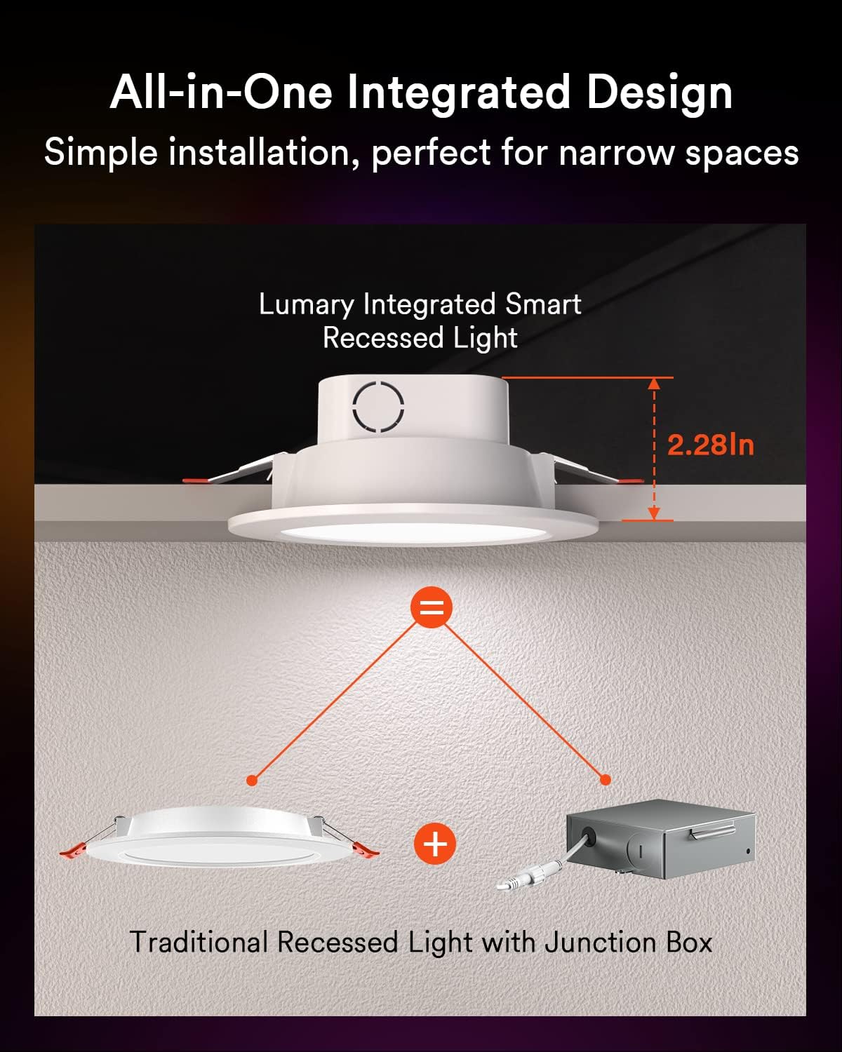 Lumary Integrated Smart Recessed Lighting 4 Inch with Junction Box 9W 780lm Canless Smart Wi-Fi Recessed Lights with BT Rem