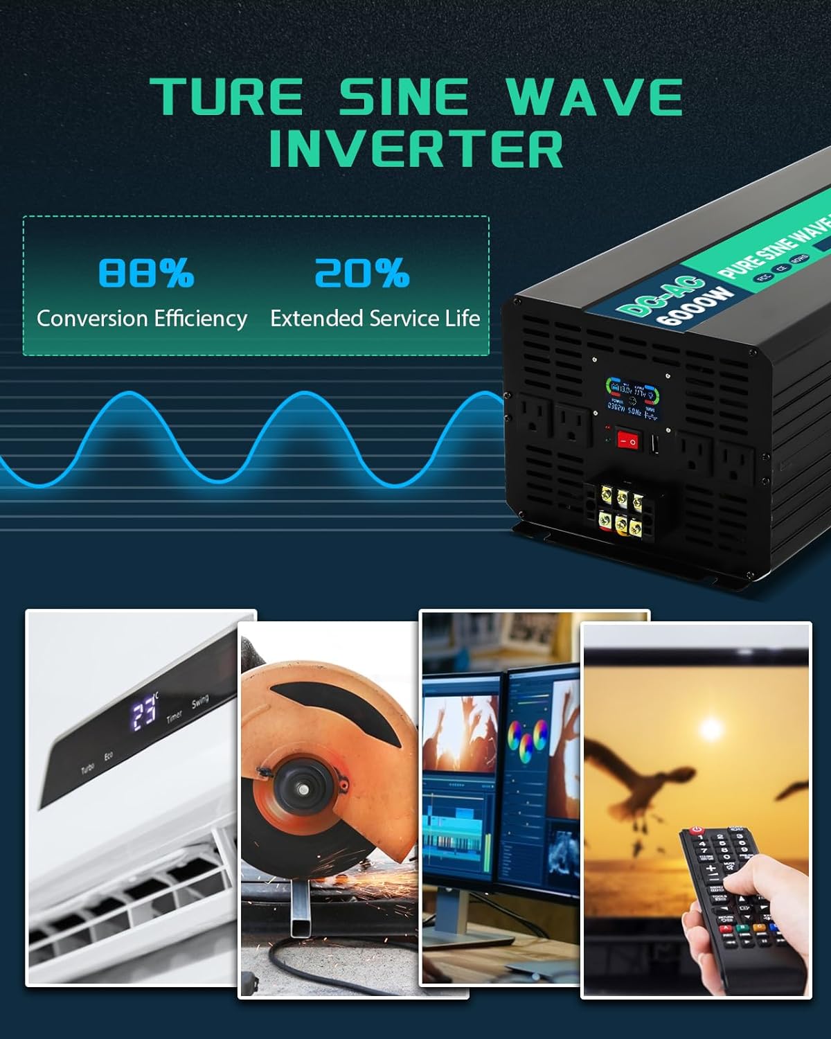 Mxmoonfree 6000W Pure Sine Wave Inverter 12V DC to 110V AC with Wireless Remote Control LCD Display 4 AC Outlets, 1 USB and Terminal Blocks for RV