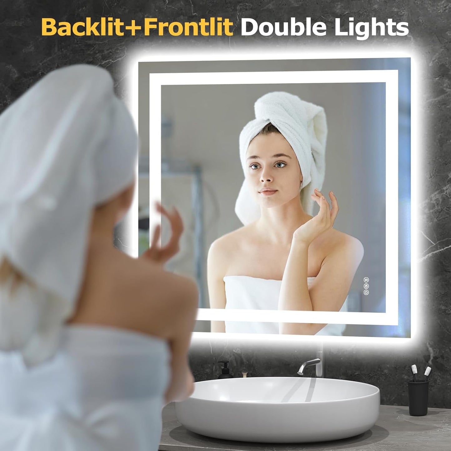 LED Bathroom Mirror with Lights 36'x 36' Wall Vanity LED Mirror Stepless Dimmable,Double Front and Backlight