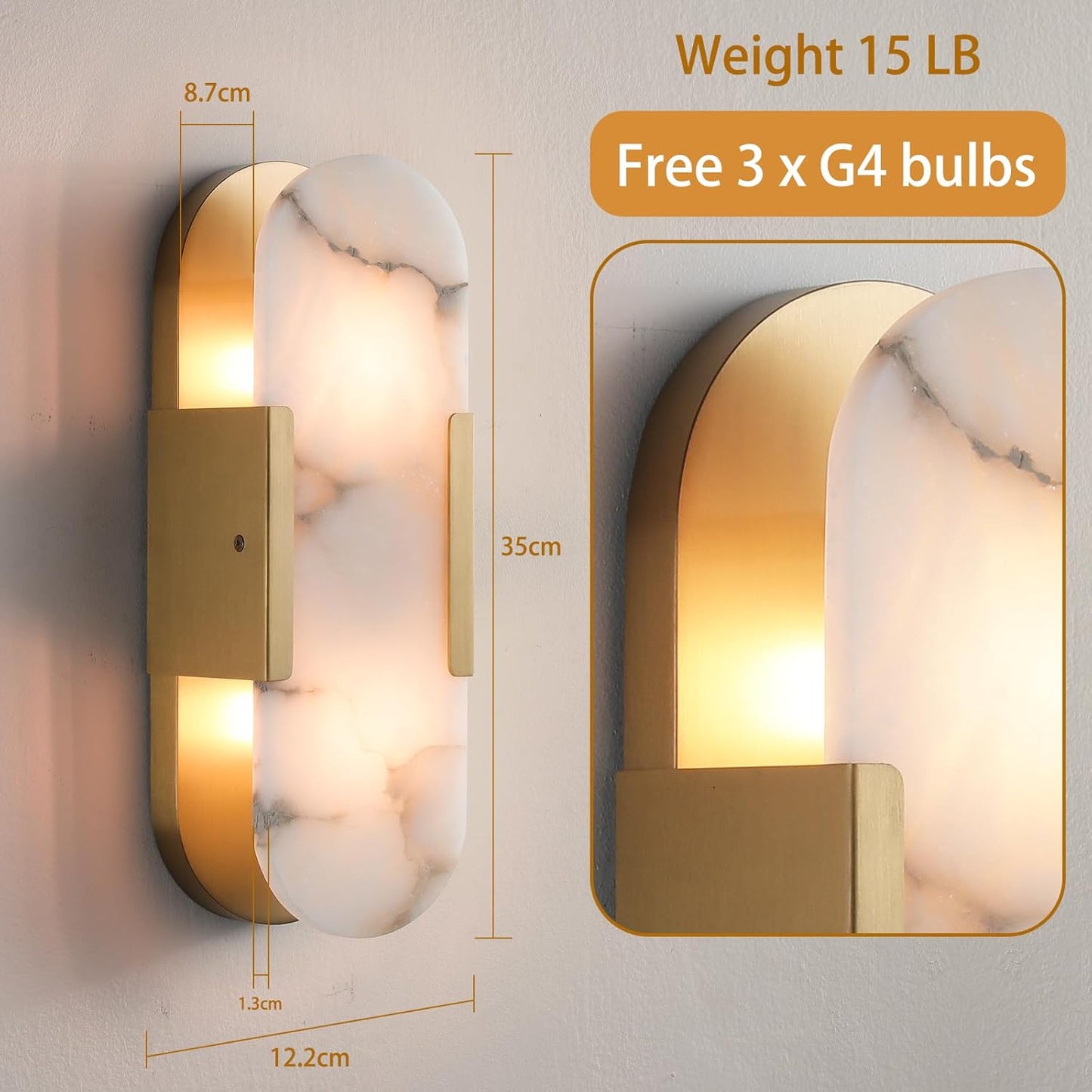 RINGRAIN Brass Wall Sconces, Natural Alabaster Wall Light Fixtures,Gold Vanity Light Fixtures for Bathroom, Bedside Wall Lamp Perfect for