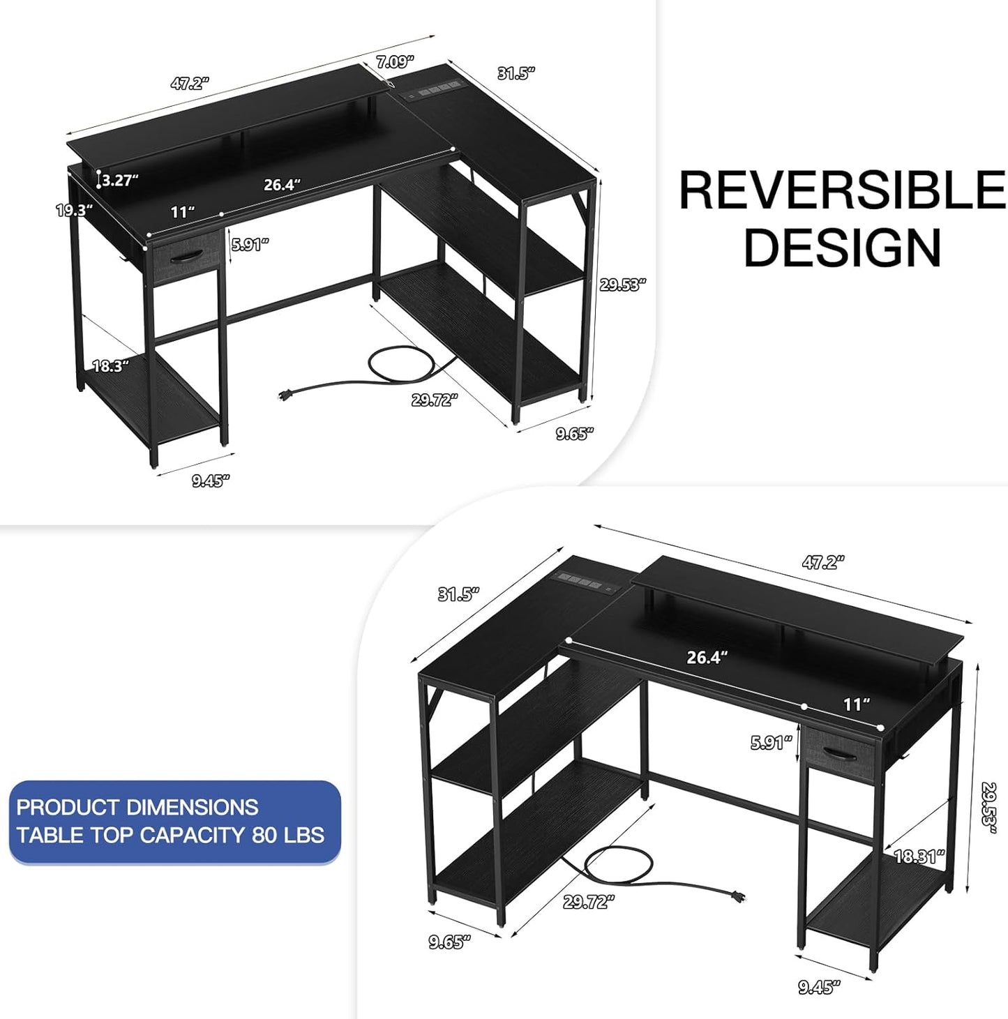 Eivanet L Shaped Game Desk with Power Socket & LED Light, Computer Desk with Hook & Monitor Bracket, Home Office Desk with Drawer and Storage Rack,