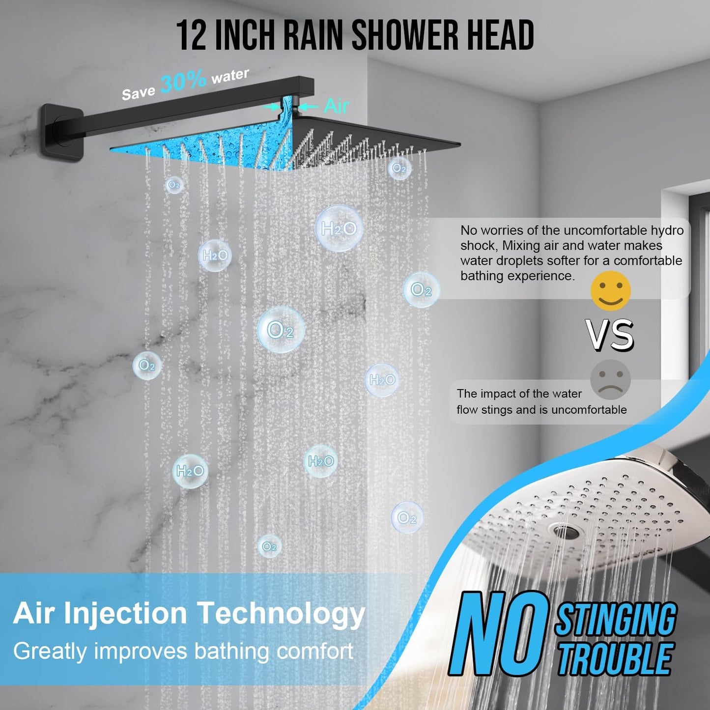 12 Inch Shower Faucet Set, Rainfall Shower System with High Pressure Handheld Shower Head and Square Fixed Shower Head,Spray Wall Mounted Rainfall Shower Fixtures (Matte Black, 12'-Modern)