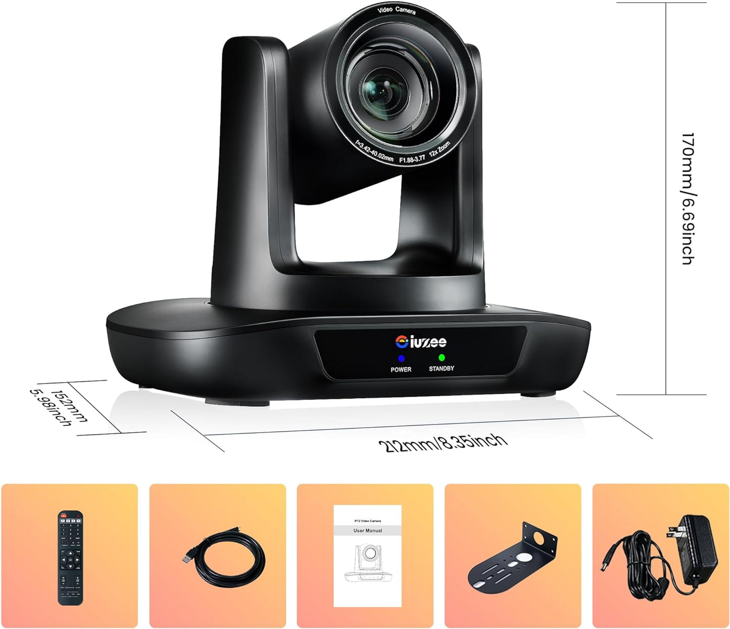 iuZee 4K PTZ Conference Room Camera USB3.0/HDMI Live Streaming Camera 12X Optical Zoom Wide Angle for Video Conferencing Church Streaming Education