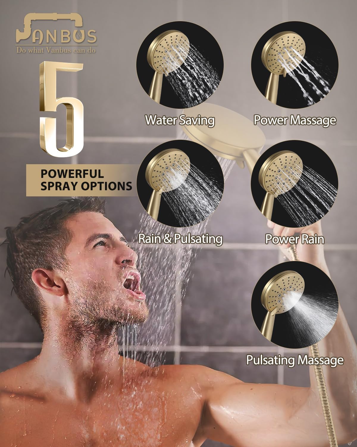 Eco-Performance Brushed Gold Handheld Shower with Adjustable 32-Inch Slide Bar and 59-Inch Hose, 5-Function Hand