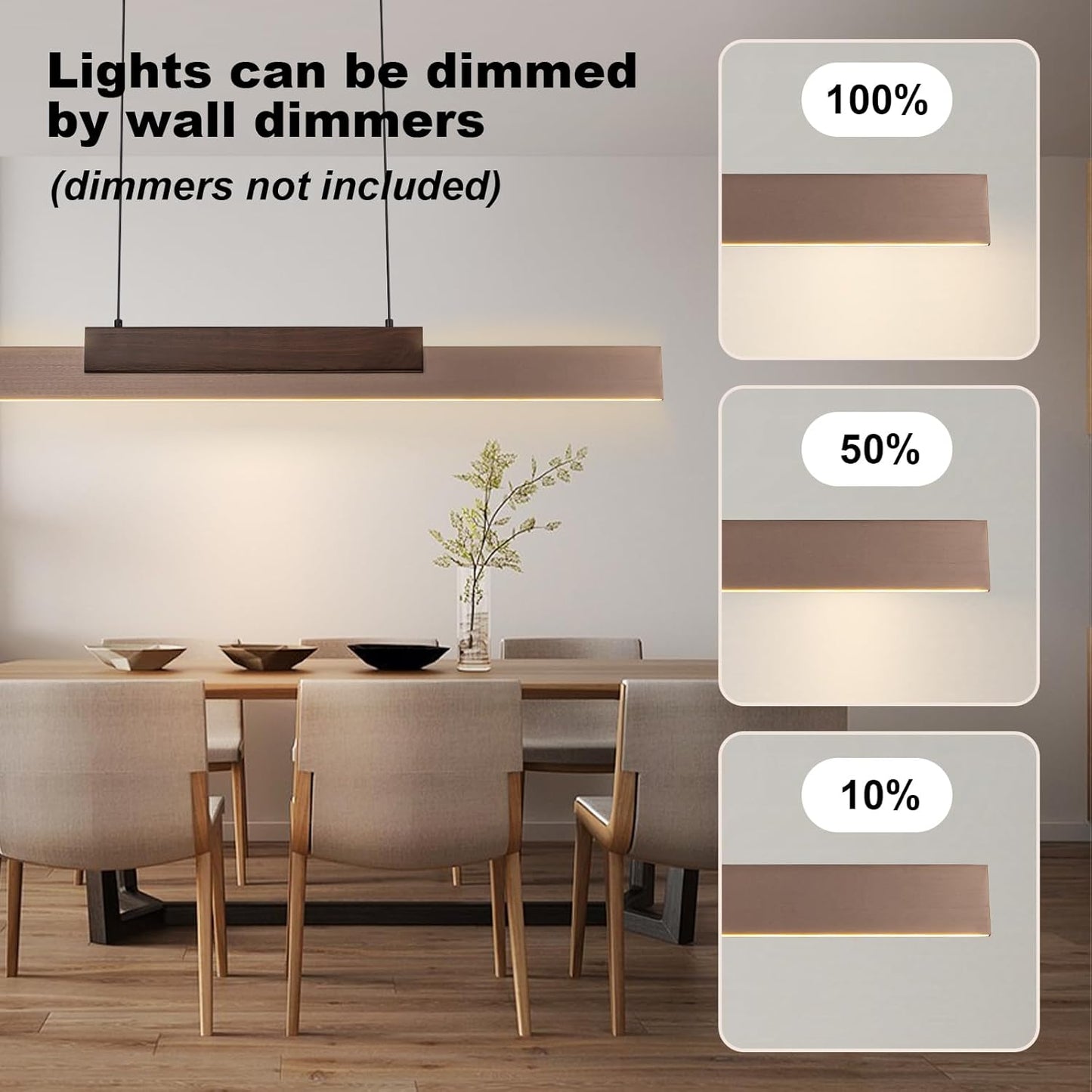 Modern Wooden LED Pendant Light Fixtures 47 Inch Linear Dimmable Pendant Light Height Adjustable Dining Room