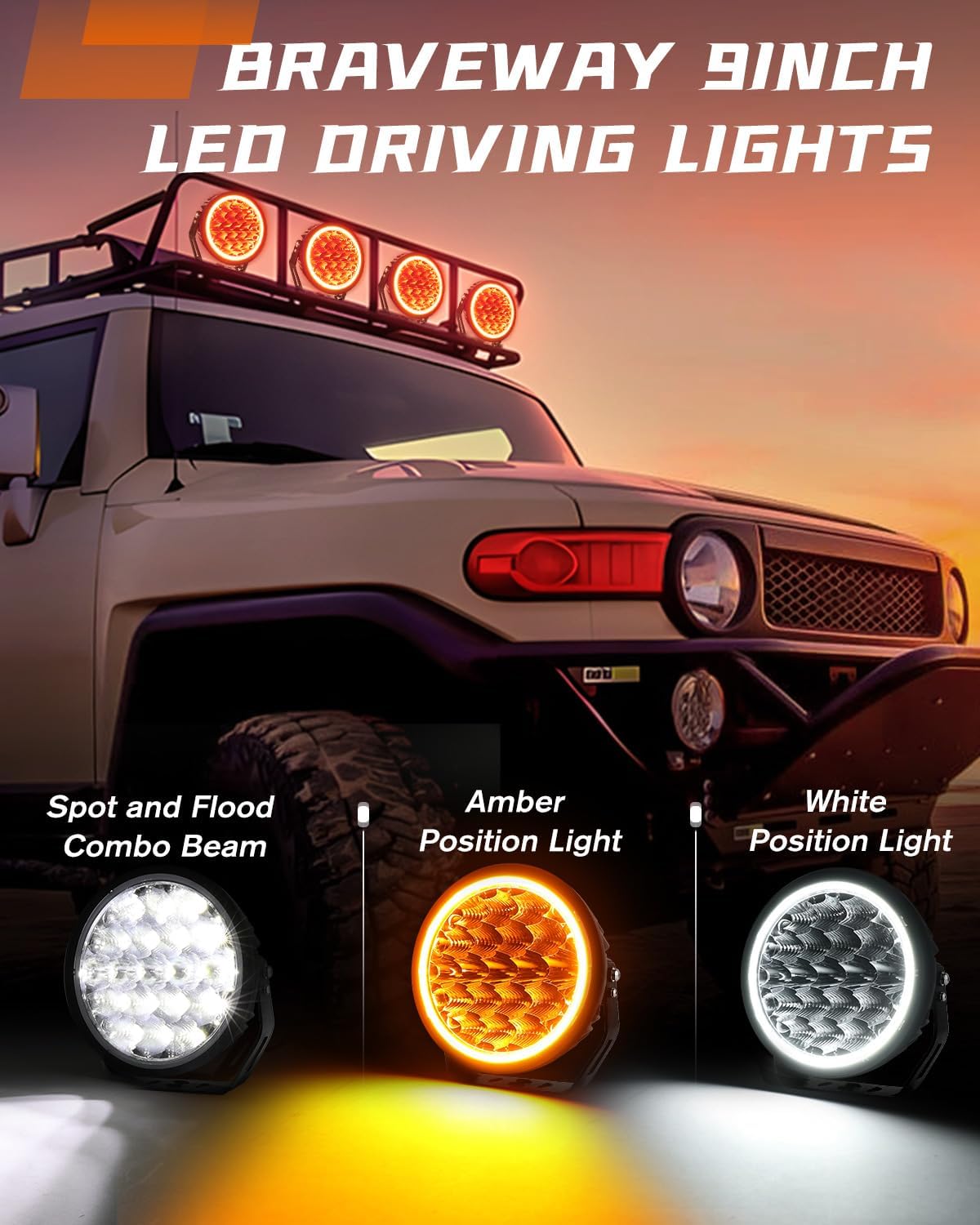 9 Inch Off Road LED Driving Lights with White/Amber DRL, 1000% Brighter 2PCS 40000LM Round Work Lights for PickUp/Truck Combo Beam