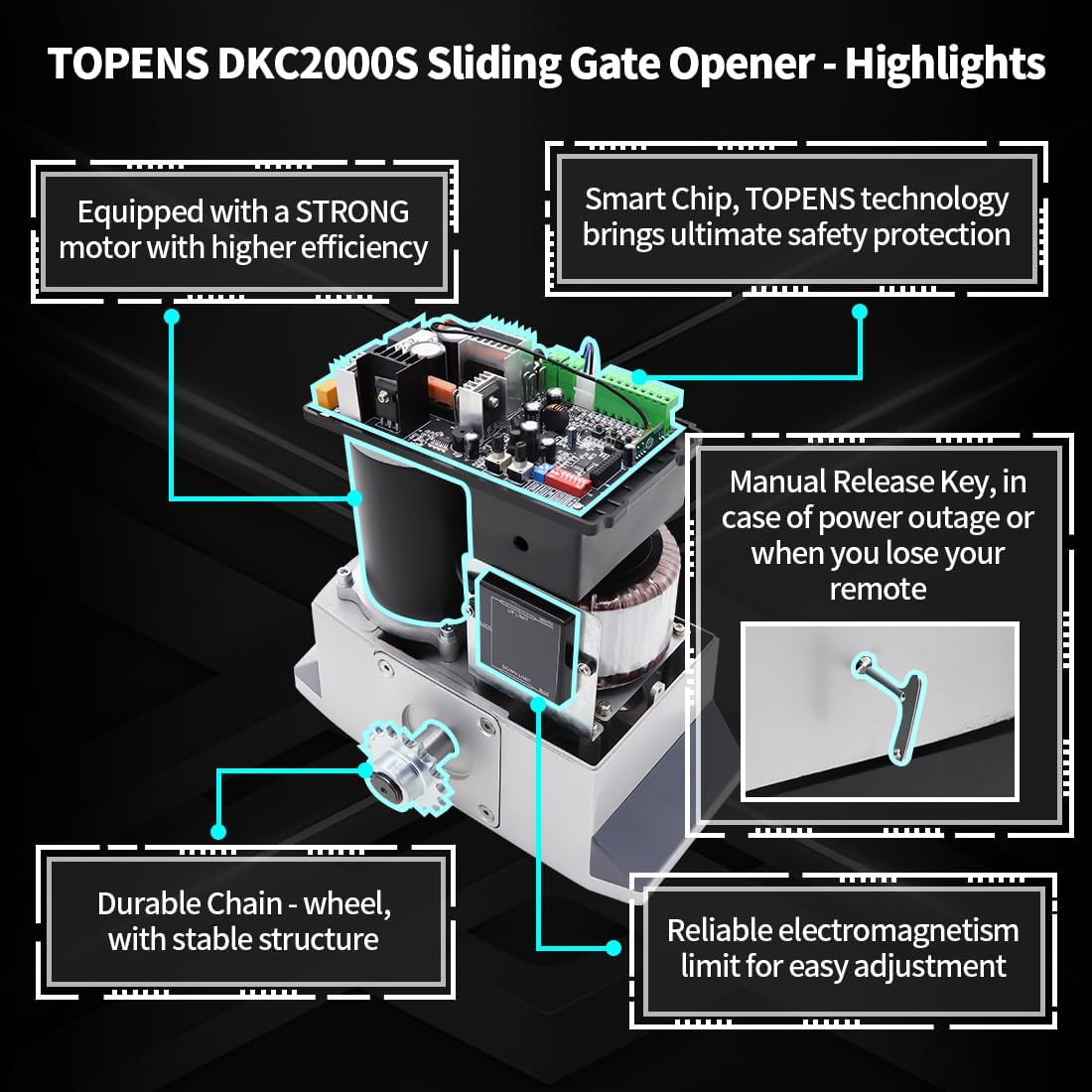 TOPENS DKC2000S Solar Sliding Gate Opener Chain Drive Automatic Gate Motor for Heavy Driveway Slide Gates Up to 440