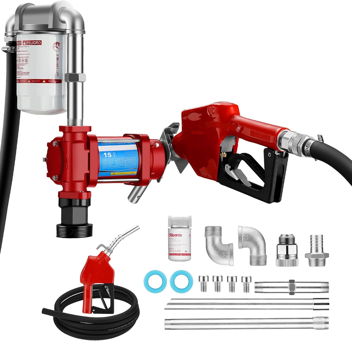 POXURIO Fuel Transfer Pump, 15GPM 12V Transfer Pump with Discharge Hose  Automatic Nozzle, Cast Iron Heavy Duty for Gasoline, Diesel, Kerosene,