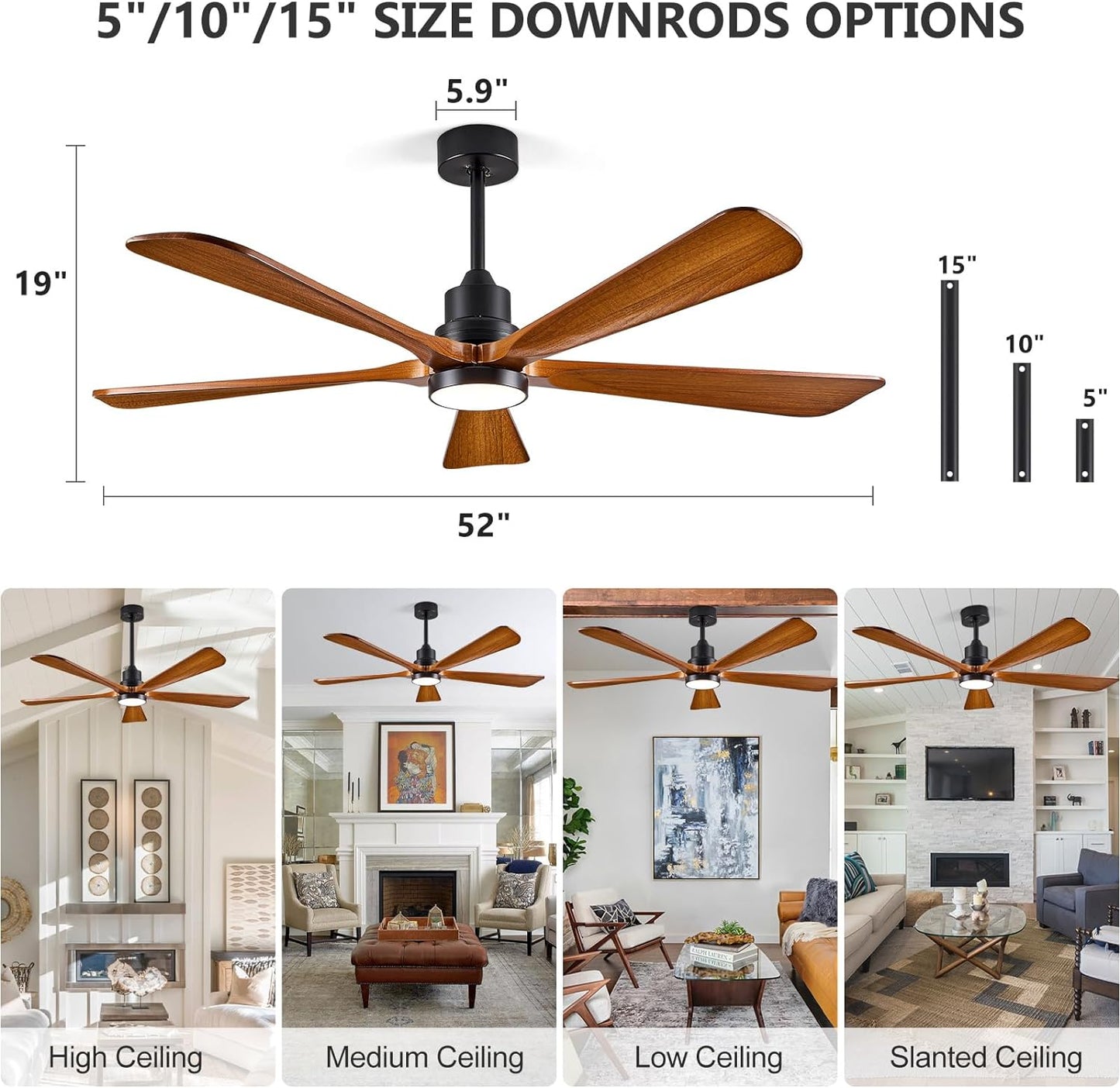 ABZ Ceiling Fans with Lights Remote Control - 52 inch Outdoor Indoor 5 Walnut Wood Blades Modern Ceiling Fan DC Reversible Motor for Patio Bedroom