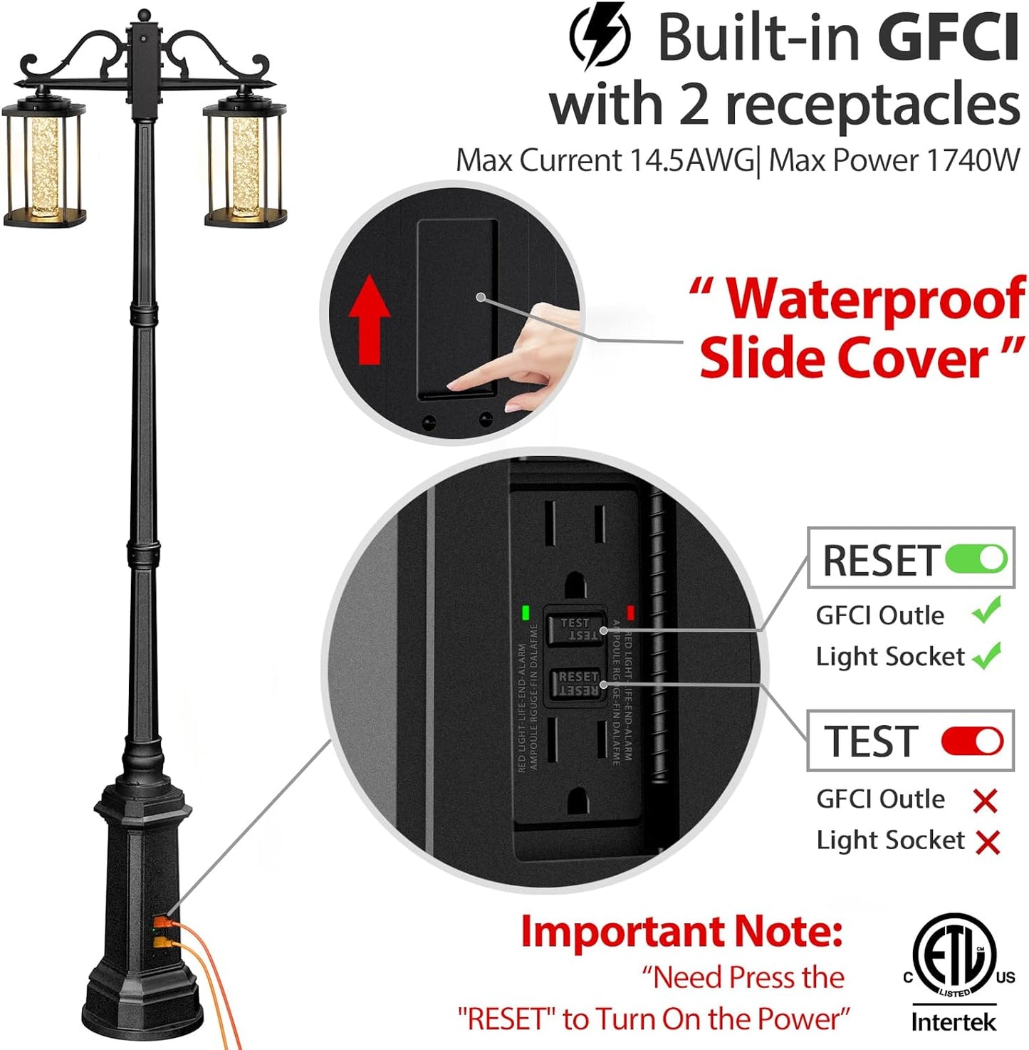 Outdoor Lamp Post Light with GFCI Outlet,Double-Head Dusk to Dawn Pole Light Fixture with Crystal Bubble Glass,10W LED Integrated,Waterproof Lamp Posts Outdoor Lighting,Light Post for outside,300
