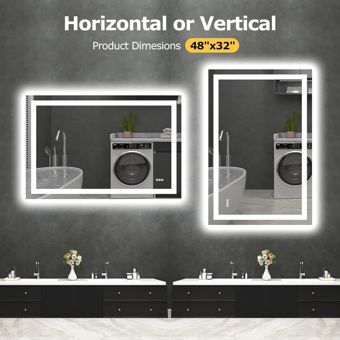 LED Bathroom Mirror with Lights 48'x 32' Wall Vanity LED Mirror Stepless Dimmable,Double Front and Backlight