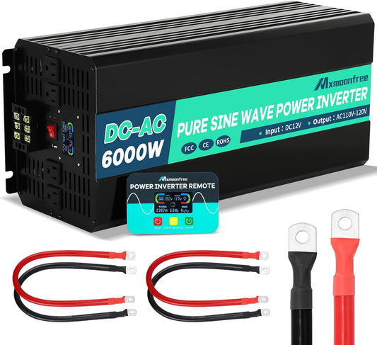 Mxmoonfree 6000W Pure Sine Wave Inverter 12V DC to 110V AC with Wireless Remote Control LCD Display 4 AC Outlets, 1 USB and Terminal Blocks for RV