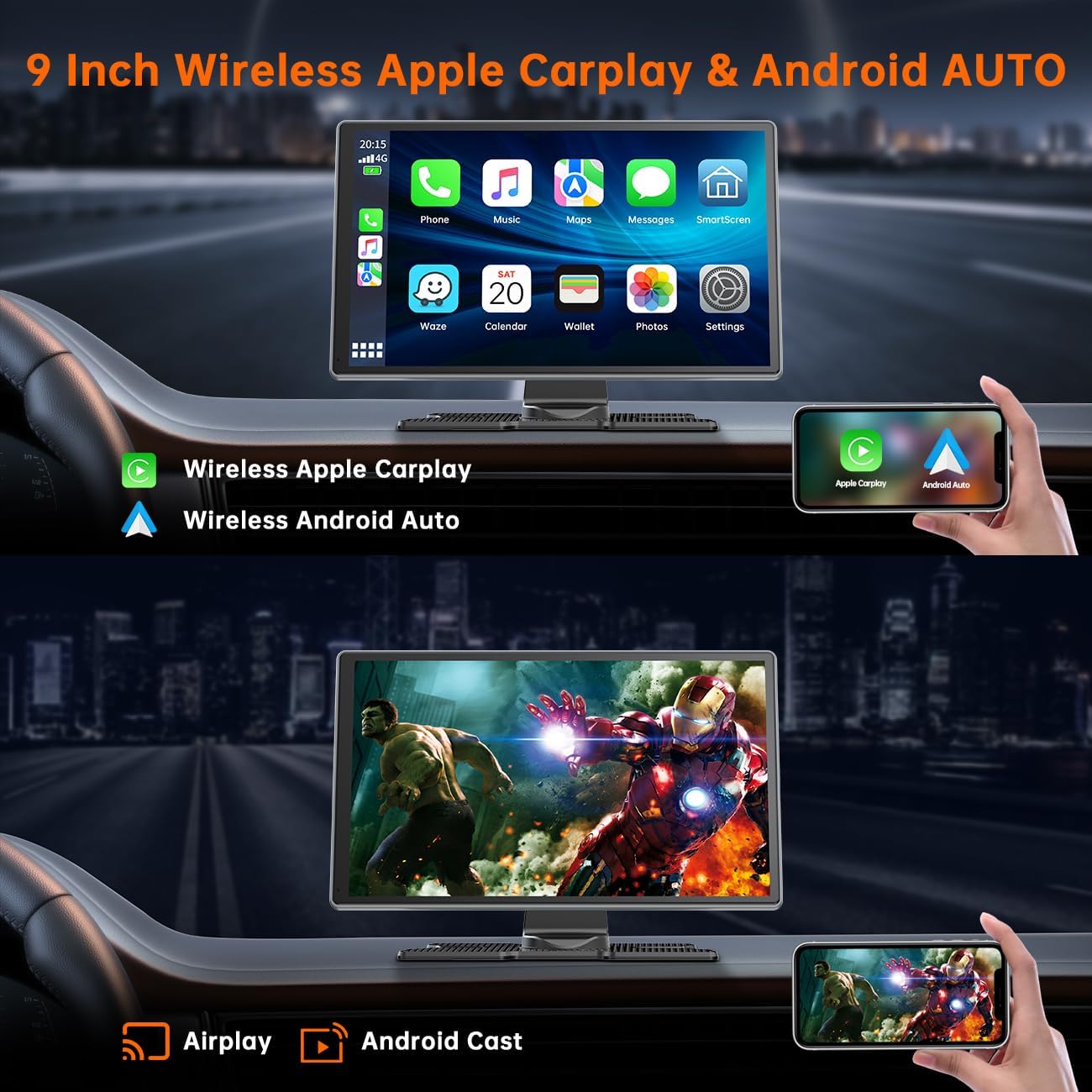 9 Inch Wireless Car Stereo with Apple Carplay, Android Auto,4K Dash Cam, 1080p Backup Camera