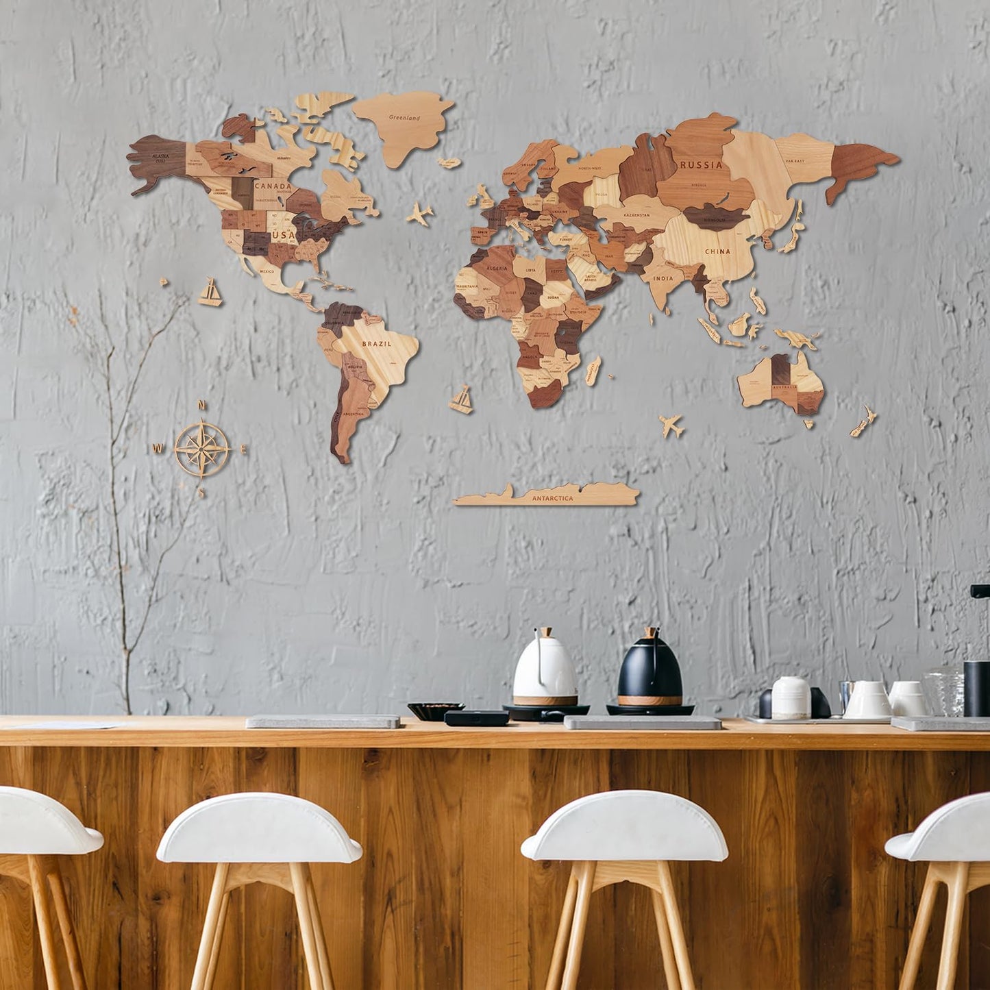 Handiwoo Wooden World Map 3D, Wood World Map Wall Art, Multilayered Wooden Map of The World Wall Decoration, Idea Housewarming Gift Large Wood Travel