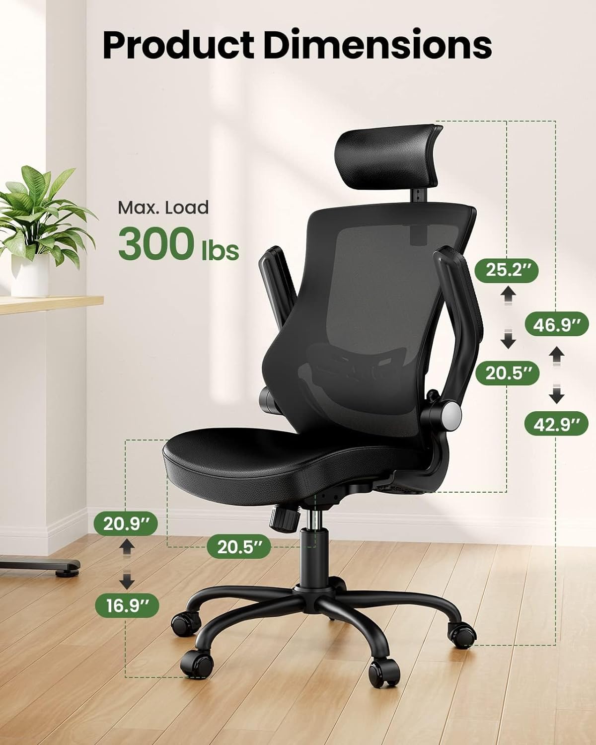 Marsail Office Chair Ergonomic Desk Chair with Mesh Back and Leather Cushion,Flip-up Armrests&Lumbar Support,Ergonomic Adjustable Height Home Office Desk Chairs,Black