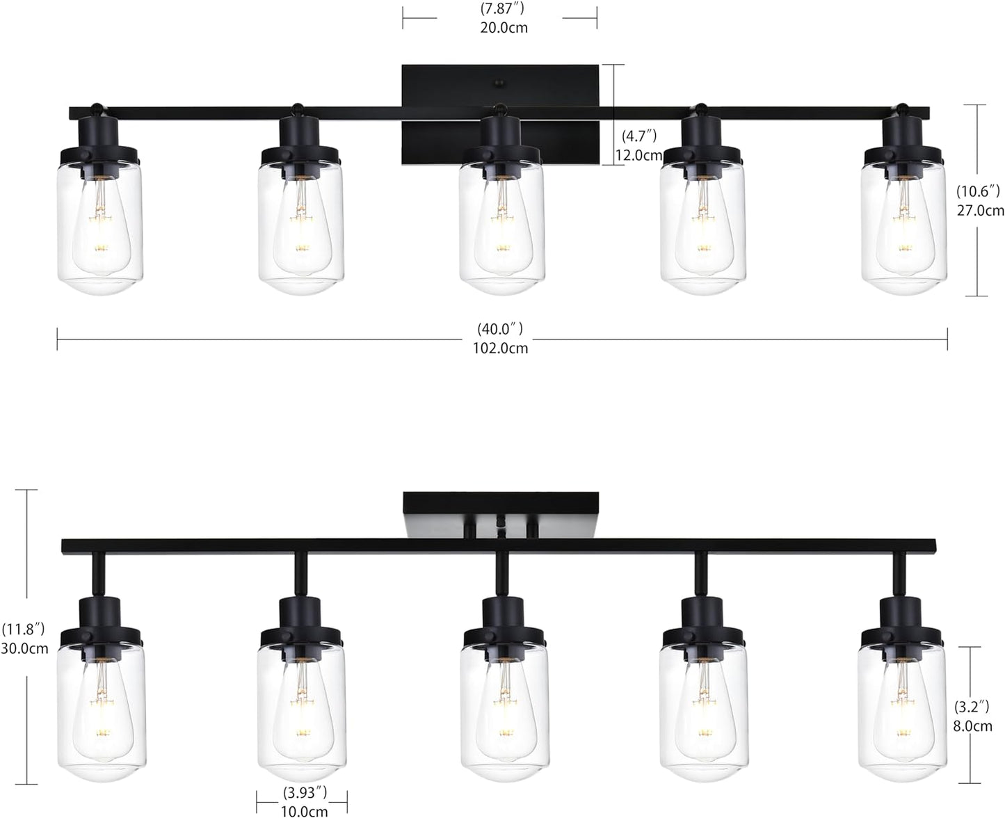 YIKOLUZ 5-Light Black Track Lighting Fixtures Ceiling Spotlights Modern Bathroom Vanity Light with Clear Glass Shade, Flush Mo