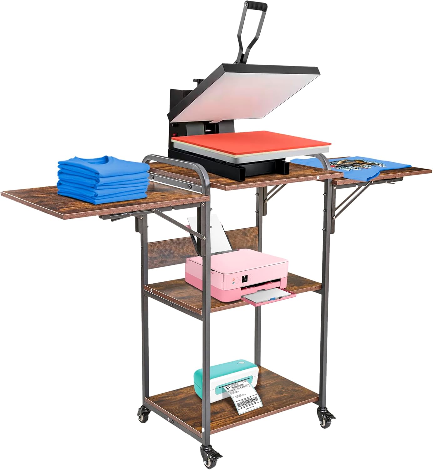 Heat Press Table Stand, Heat Press Stand with Wheels, 3 Tier with Foldable Side Tables, Heat Press Cart with Wheels, He