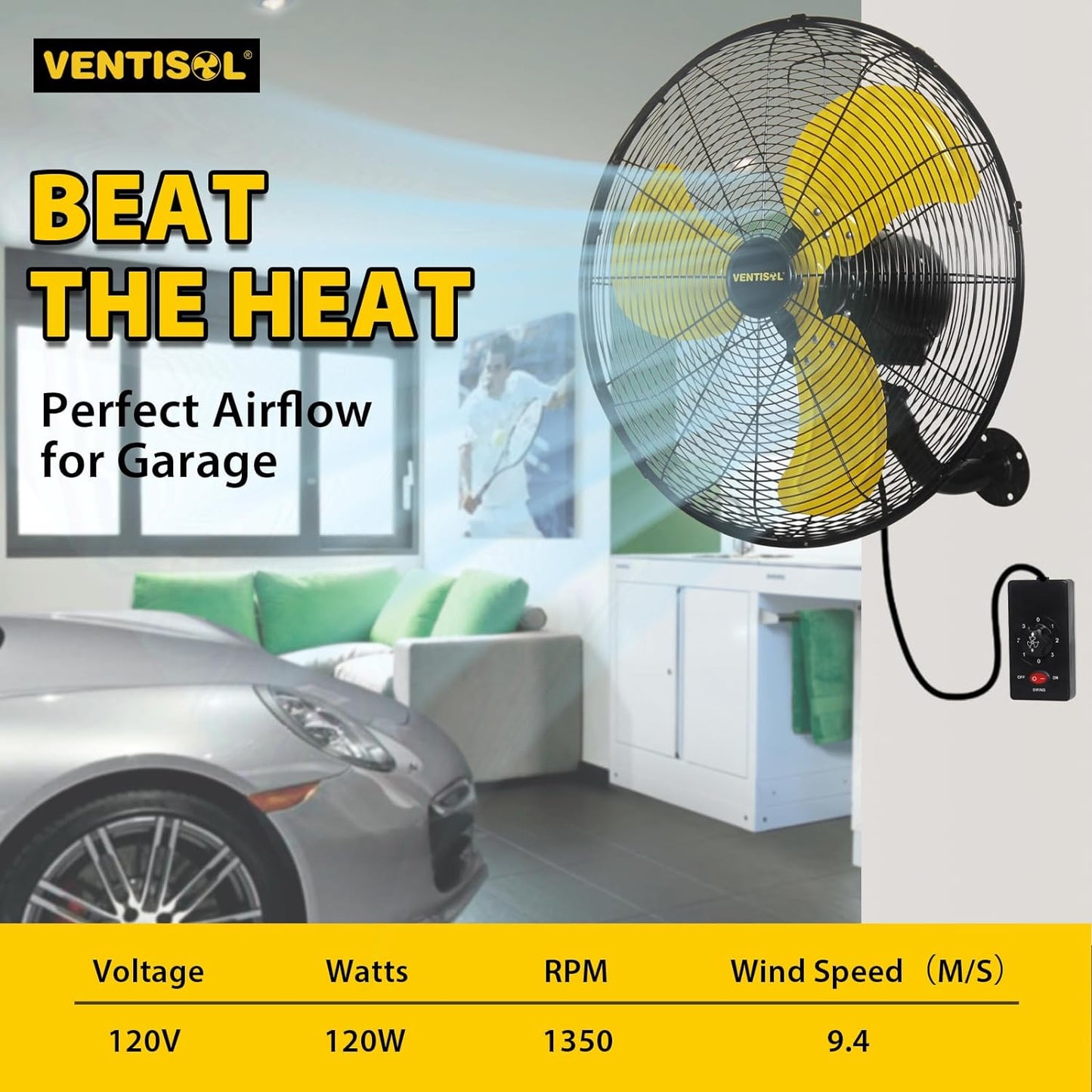 VENTISOL 20 Inch High Velocity Oscillation Wall Mounted Fan for Porch, Greenhouse,Workshop,Home, Patio,-3 Speed -4,950CFM - Household,Commercial,Ind
