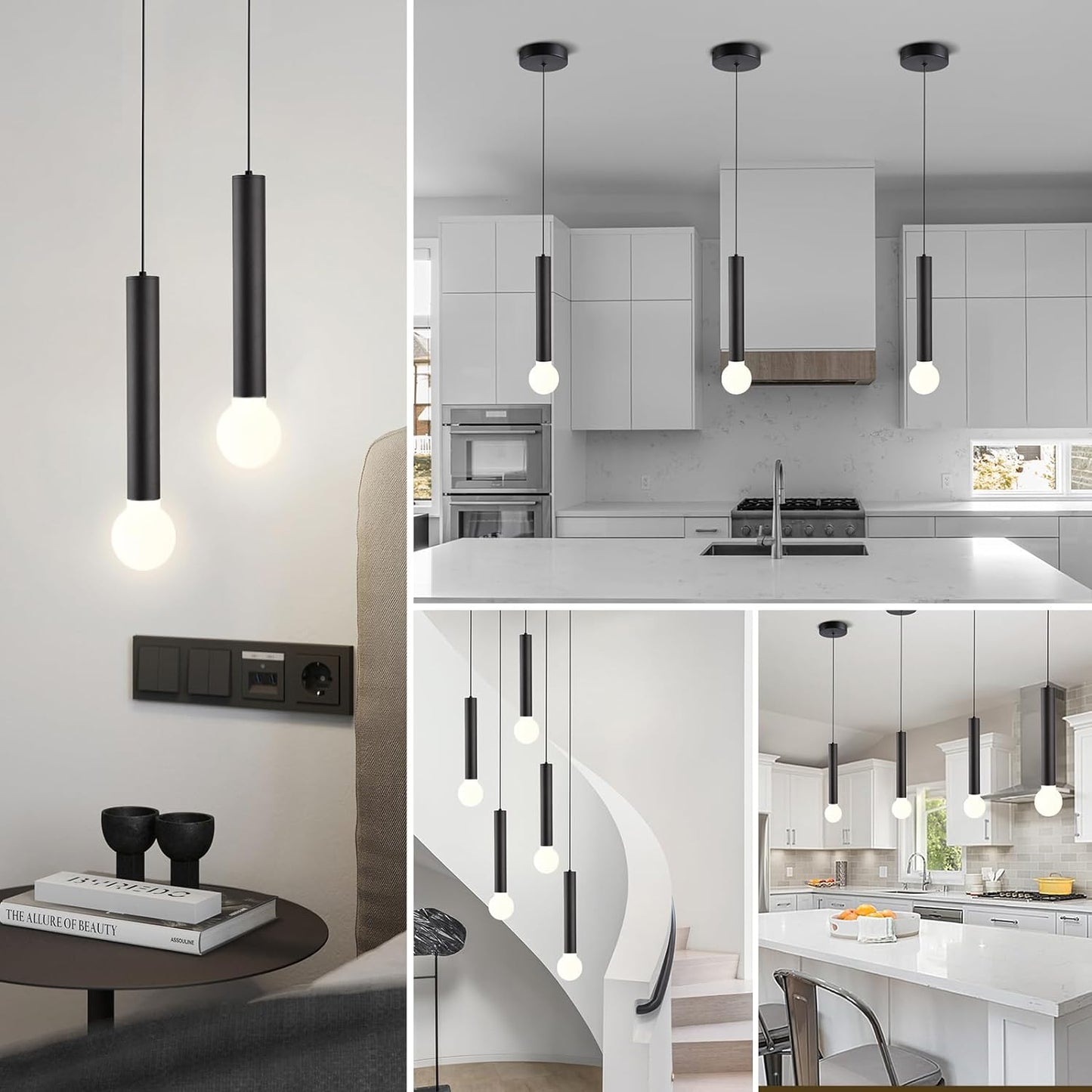 Black Pendant Lights 3 Pack for Kitchen Island, Small Modern Industrial Hanging Light Fixtures, Adjustable Cord Hanging Lighting