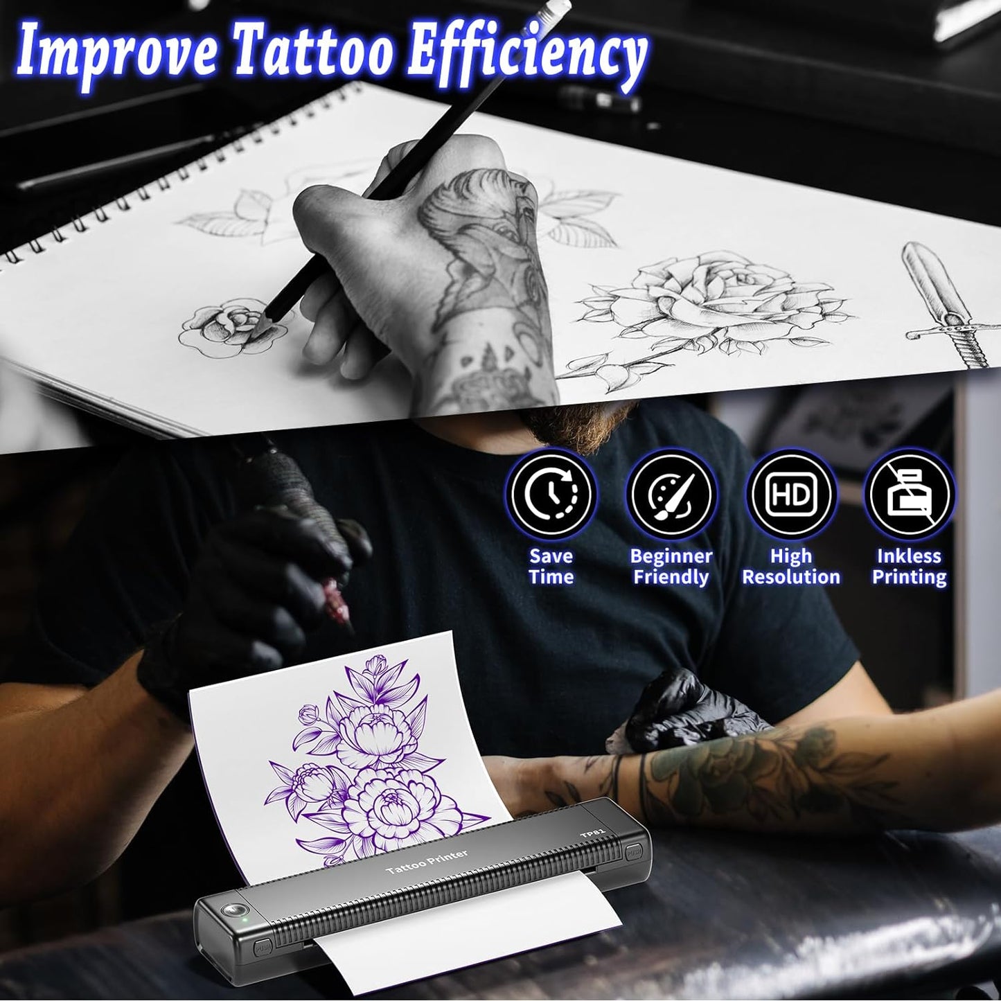 TP81Wireless Bluetooth Tattoo Stencil Printer with 10pcs Tattoo Transfer Paper for Temporary Tattoos