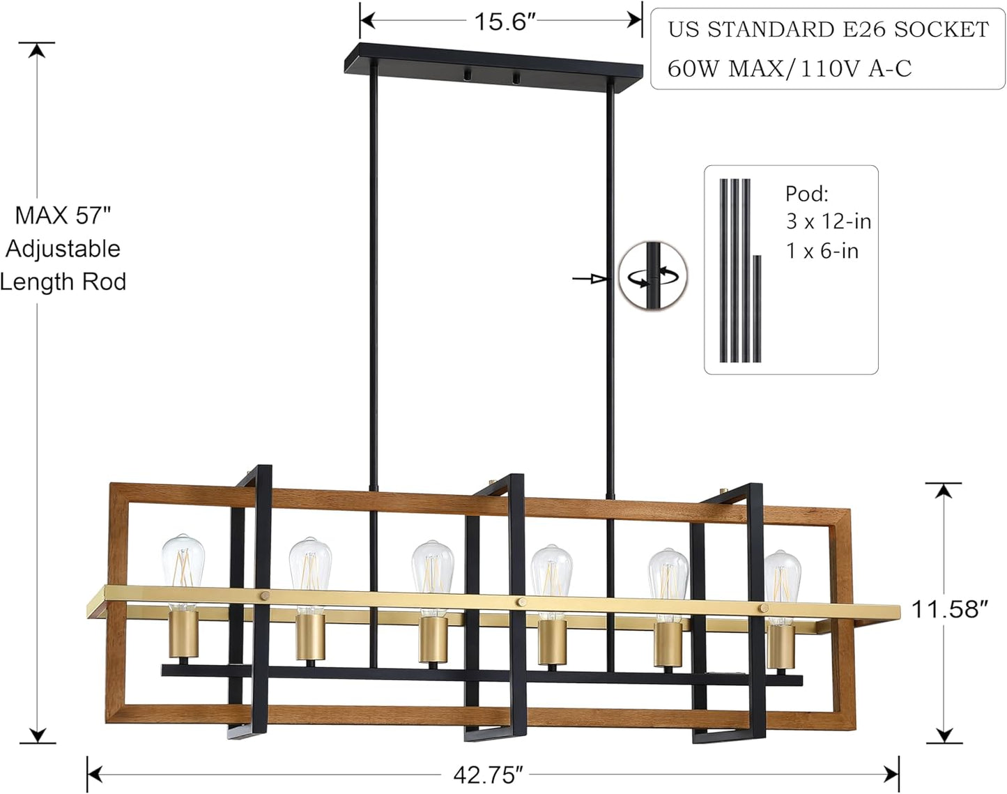 6 Light Farmhouse Adjustable Natural Pine Wood Gold Chandelier Pendant Ceiling Light Fixtures Black Finish,Rustic Hanging Pendant Chandeliers for