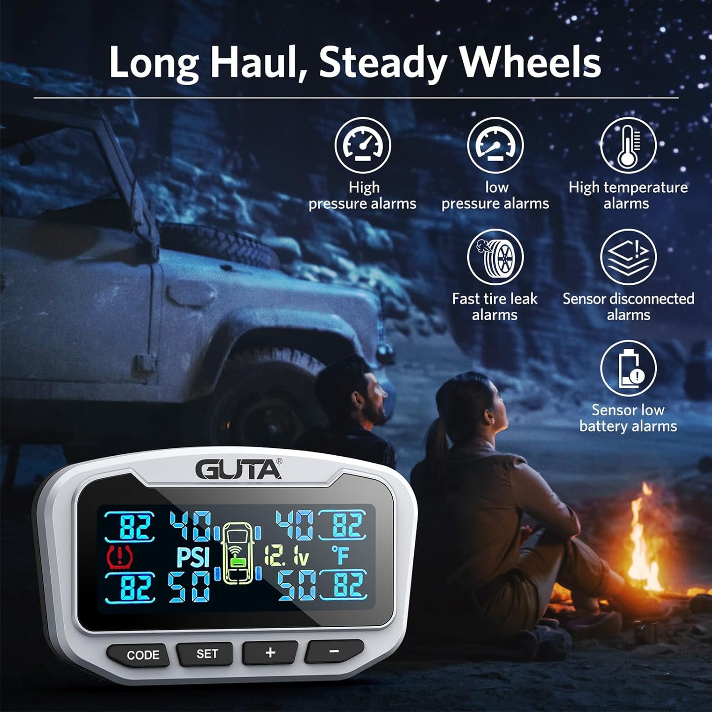 GUTA RV Tire Pressure Monitoring System, Trailer TPMS, 8 Sensors, 6 Alert Modes, Long Range Signal, CLA Charging & 2 USB-A