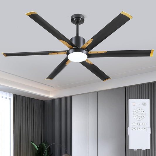 60 Inch Ceiling Fans with Lights and Remote, Indoor Outdoor Large Black Industrial Ceiling Fan for Bedroom Living Room Patios Porch, 6 Speeds, Noiseless Motor, Aluminum Blades, Reversible
