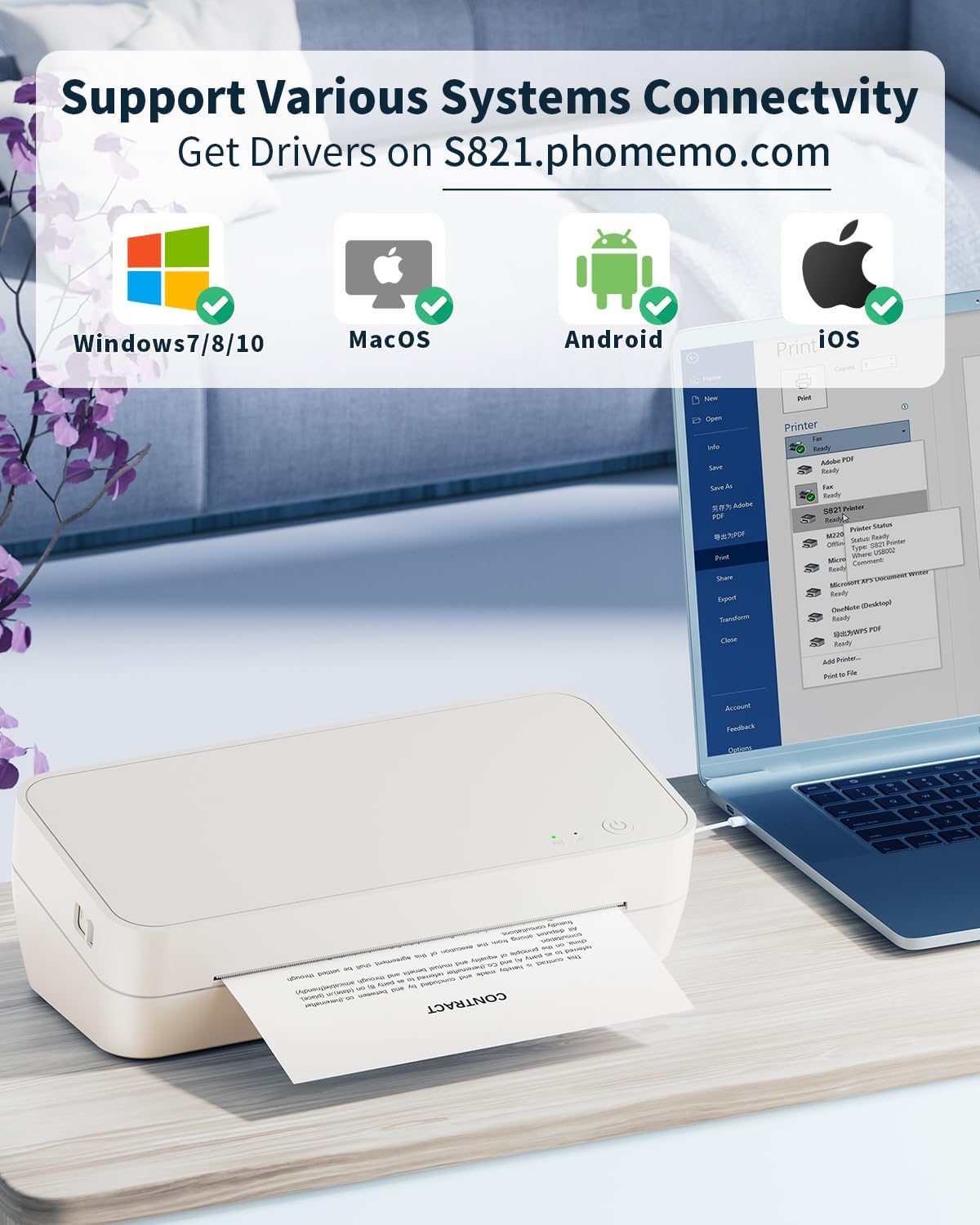 S821 White, Thermal Printer 8.5 x 11,Wireless Printer Supports US Letter/A4/A5/B5 Thermal Printer Paper, Inkless