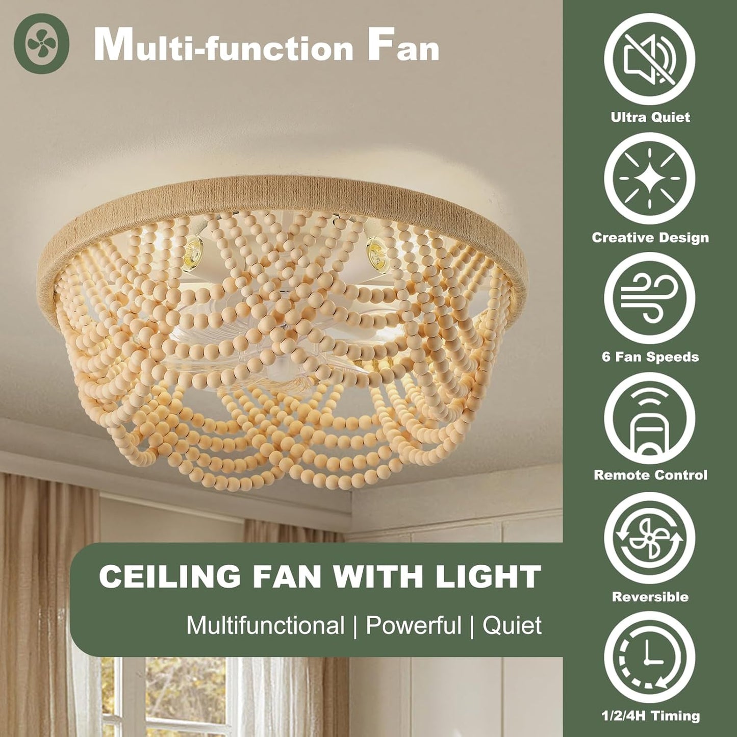 Ceiling Fans with Remote, Caged Ceiling Fan with Handcrafted Beaded Dcor 6 Speeds Reversible 19 inches Bulbs I