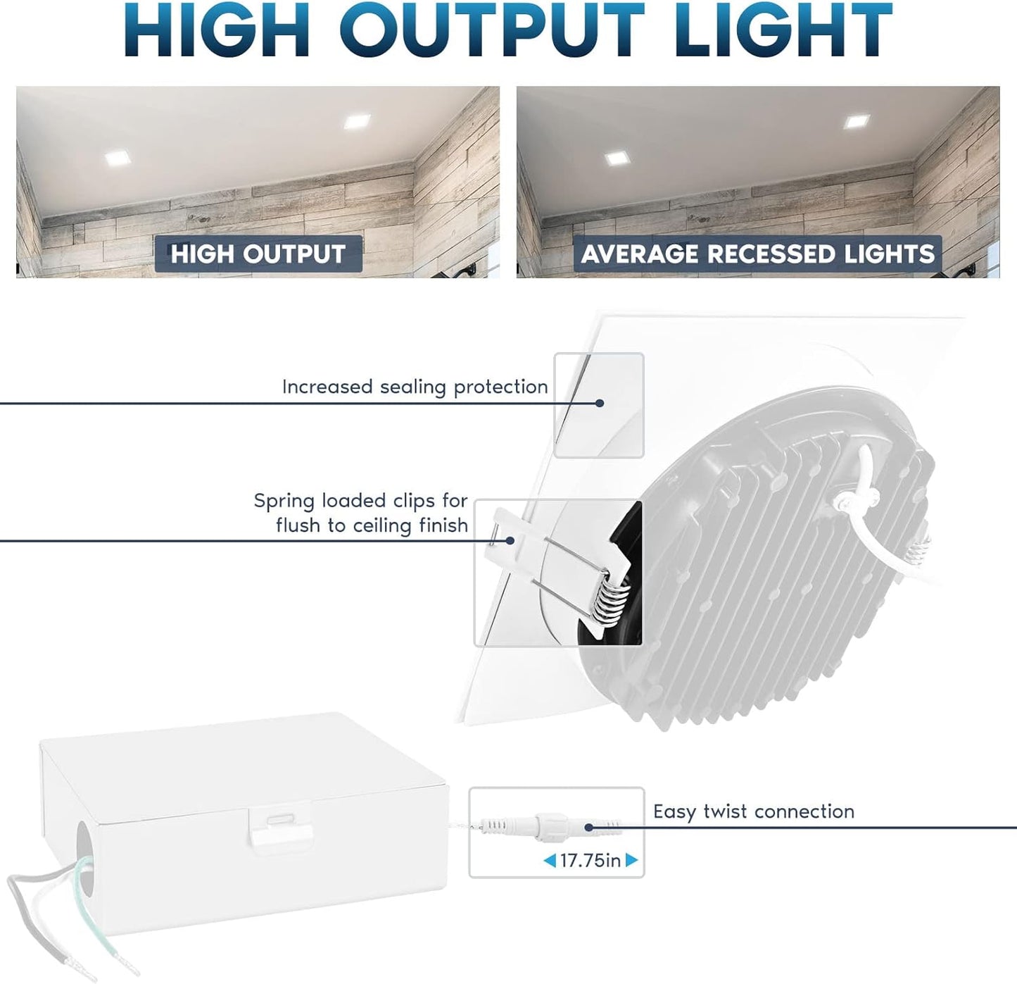 LUXRITE 6 Inch Square LED Recessed Ceiling Light with Junction Box, 18W, 5CCT Selectable 2700K/3000K/3500K/4000K/5000K, 1800LM High Brightness,