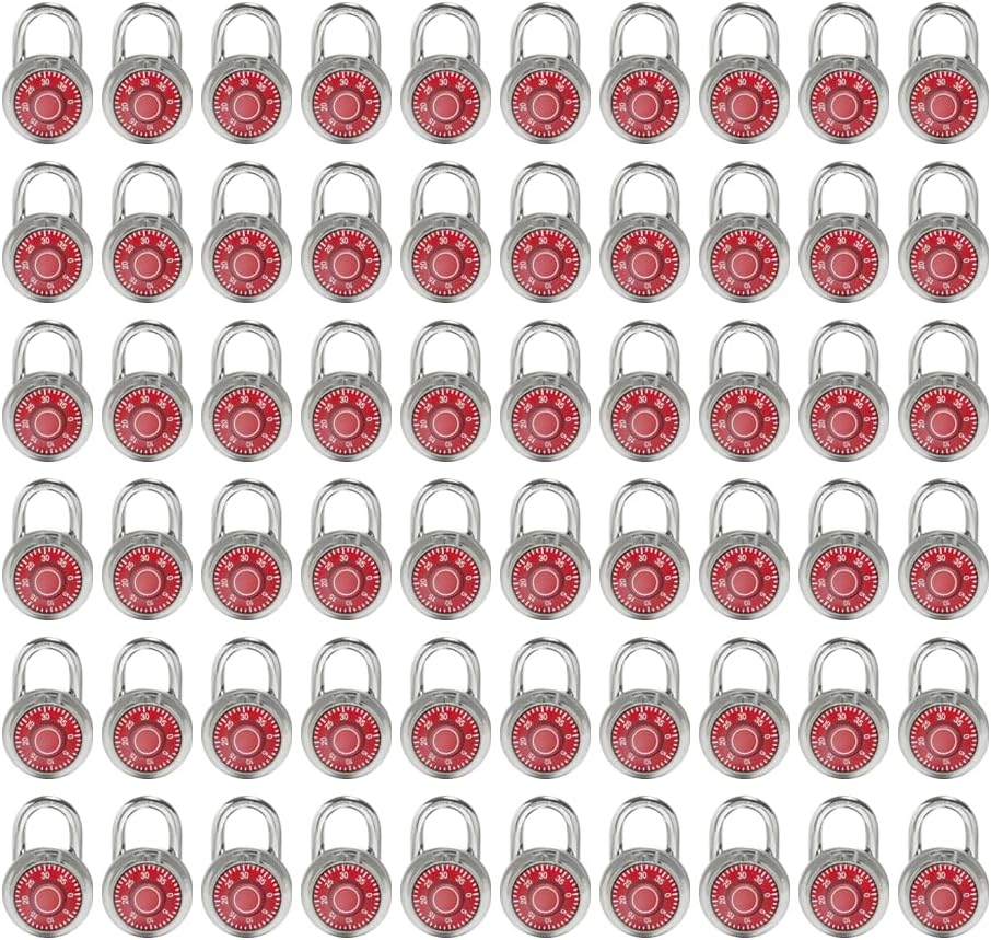 LanuBe Standard Dial Combination Lock, 2 in. Wide, with Different Combinations, Red Turnplate, Pack of 60; Lock for School, Employee, Gym Sports